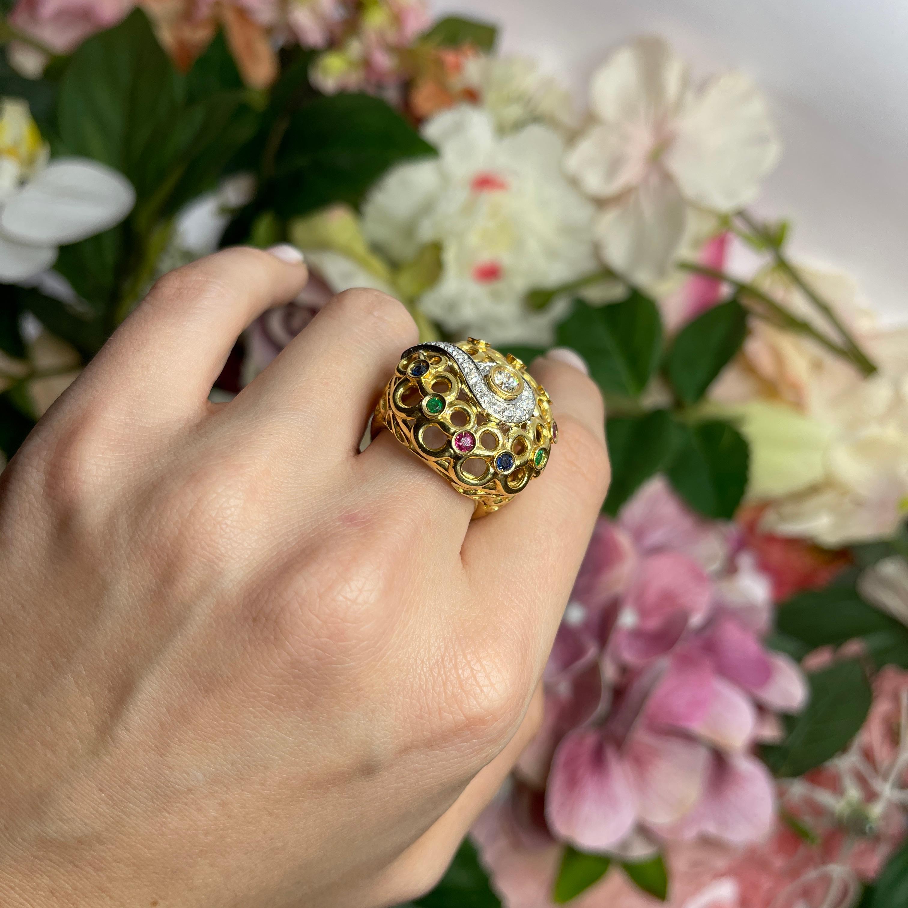 18k Yellow Gold Openwork Ring with Diamonds, Sapphires, Rubies, and Emeralds For Sale 4