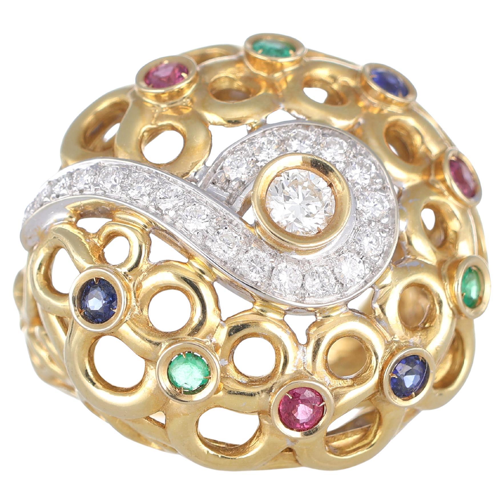 18k Yellow Gold Openwork Ring with Diamonds, Sapphires, Rubies, and Emeralds For Sale