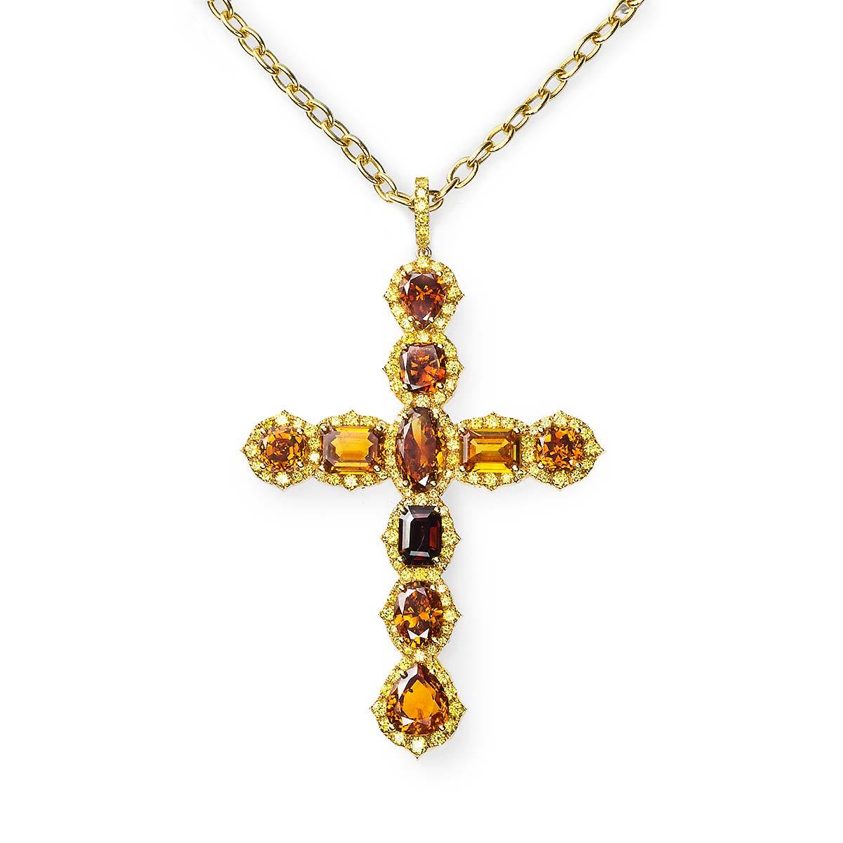 Women's or Men's 18 Karat Yellow Gold Orange and Yellow Diamond Cross For Sale