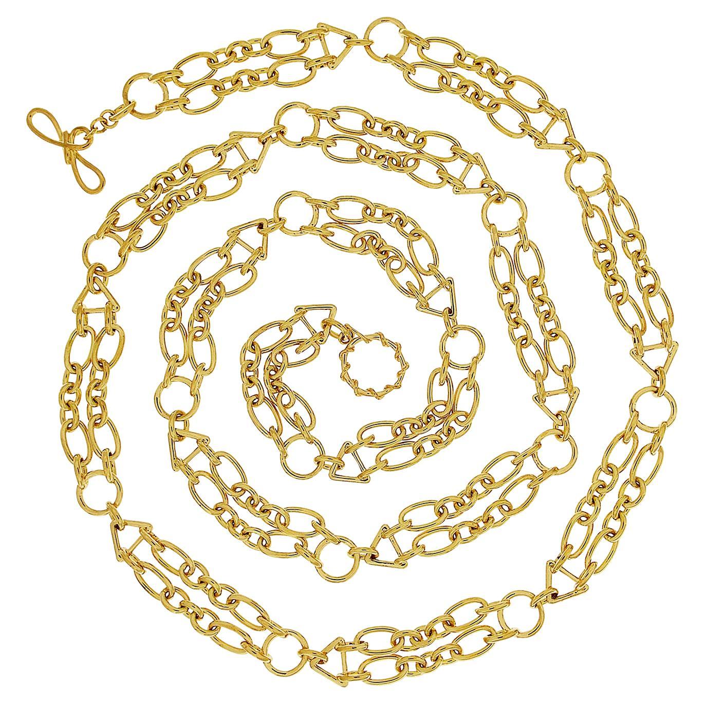 18K Yellow Gold Oval and Triangle Double Chain Necklace