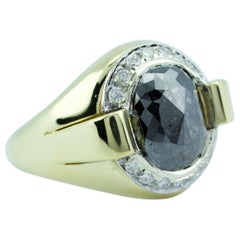 18k Yellow Gold Oval Black Rose Cut Diamond with A Halo of Round Diamonds Ring