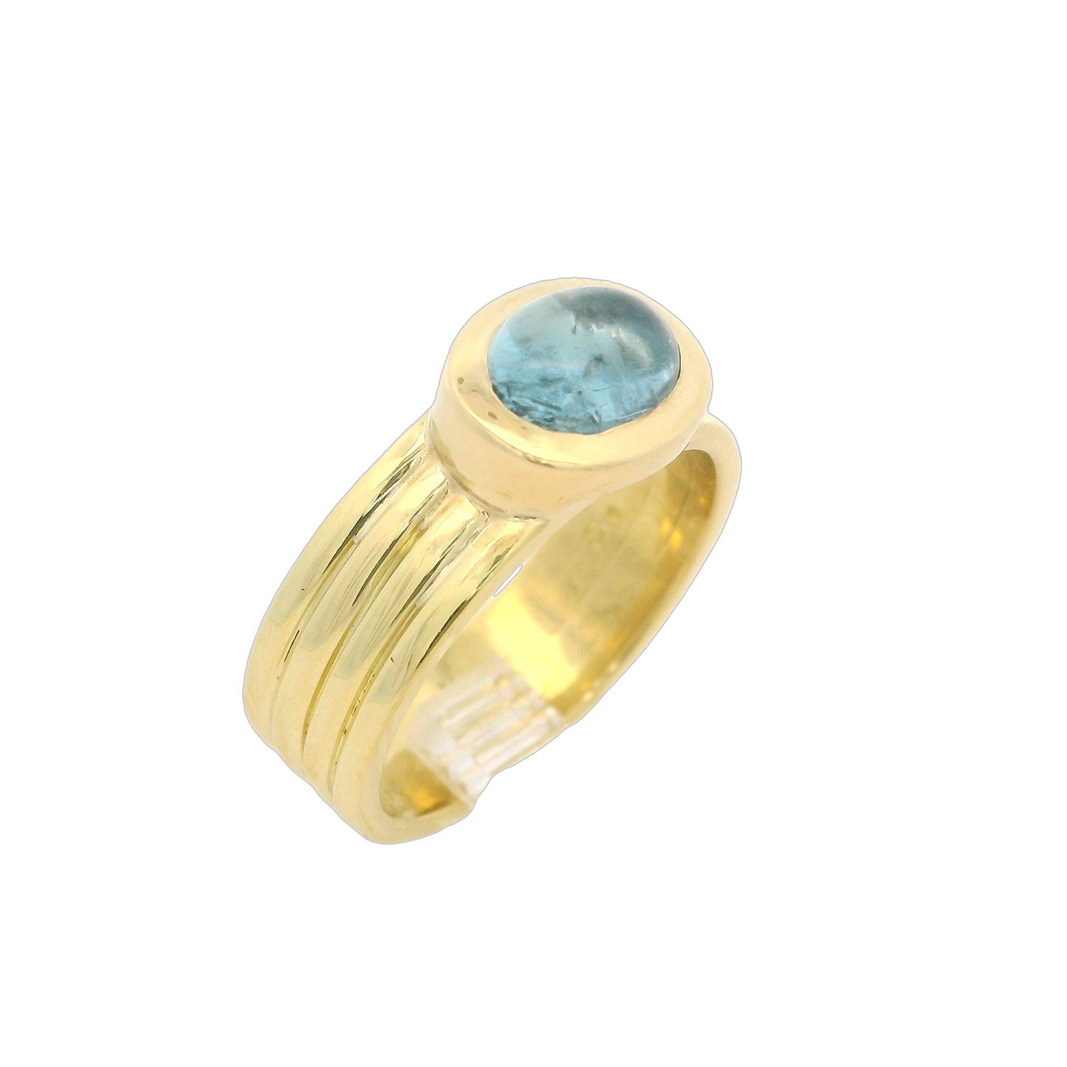 Bague solitaire en or jaune 18 carats avec aigue-marine cabochon ovale, taille 6,5 5