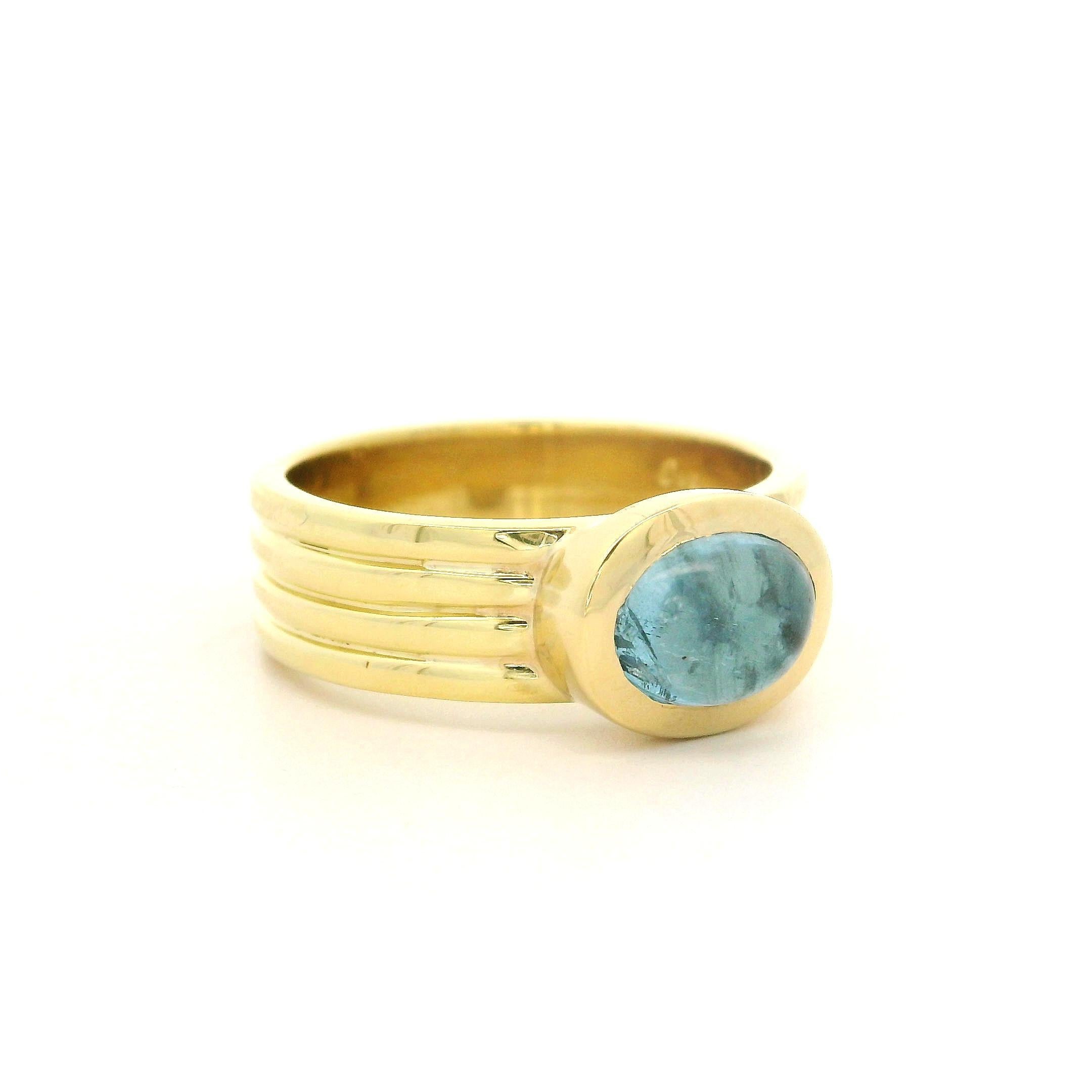 Bague solitaire en or jaune 18 carats avec aigue-marine cabochon ovale, taille 6,5 8