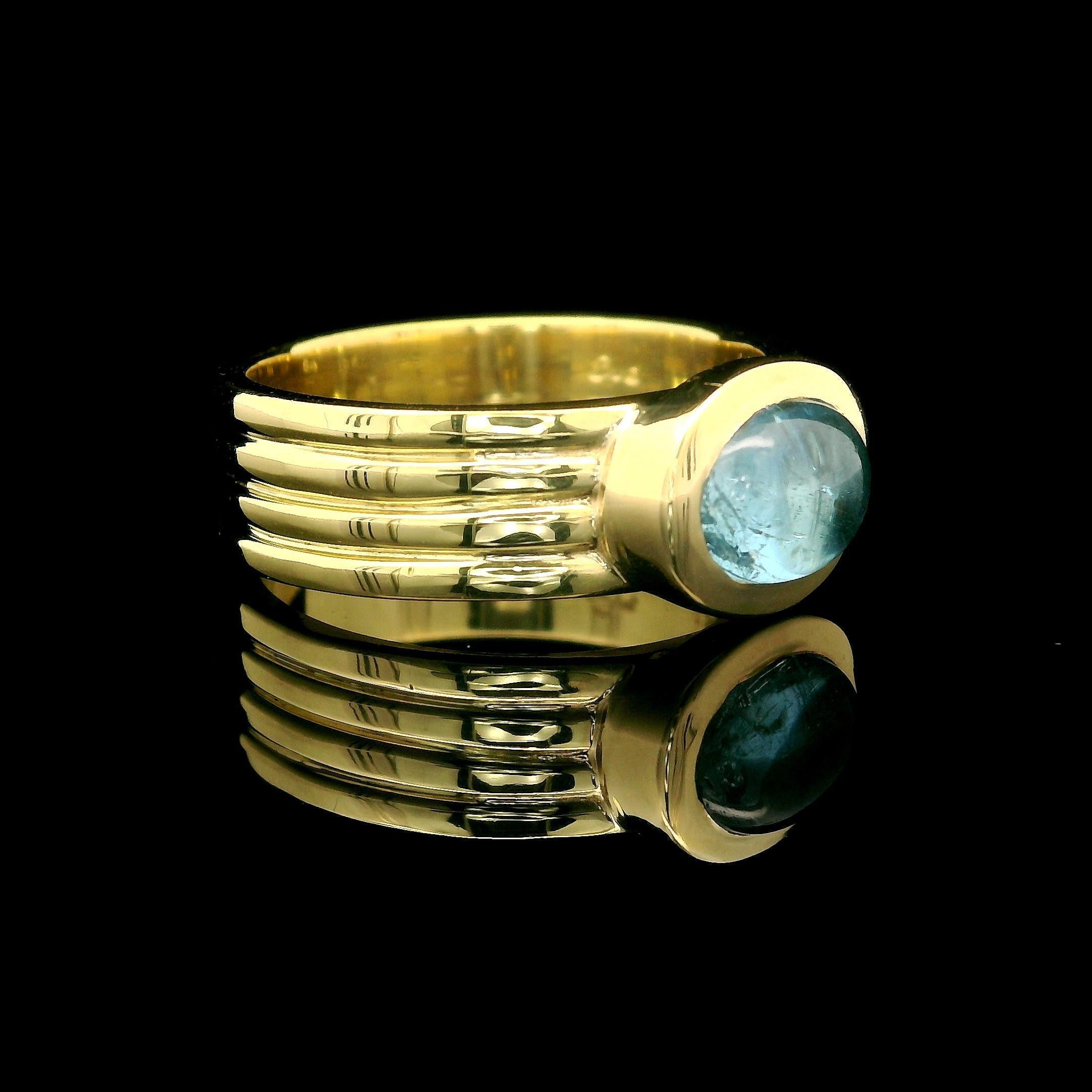  Bague solitaire en or jaune 18 carats avec aigue-marine cabochon ovale, taille 6,5 Pour femmes 