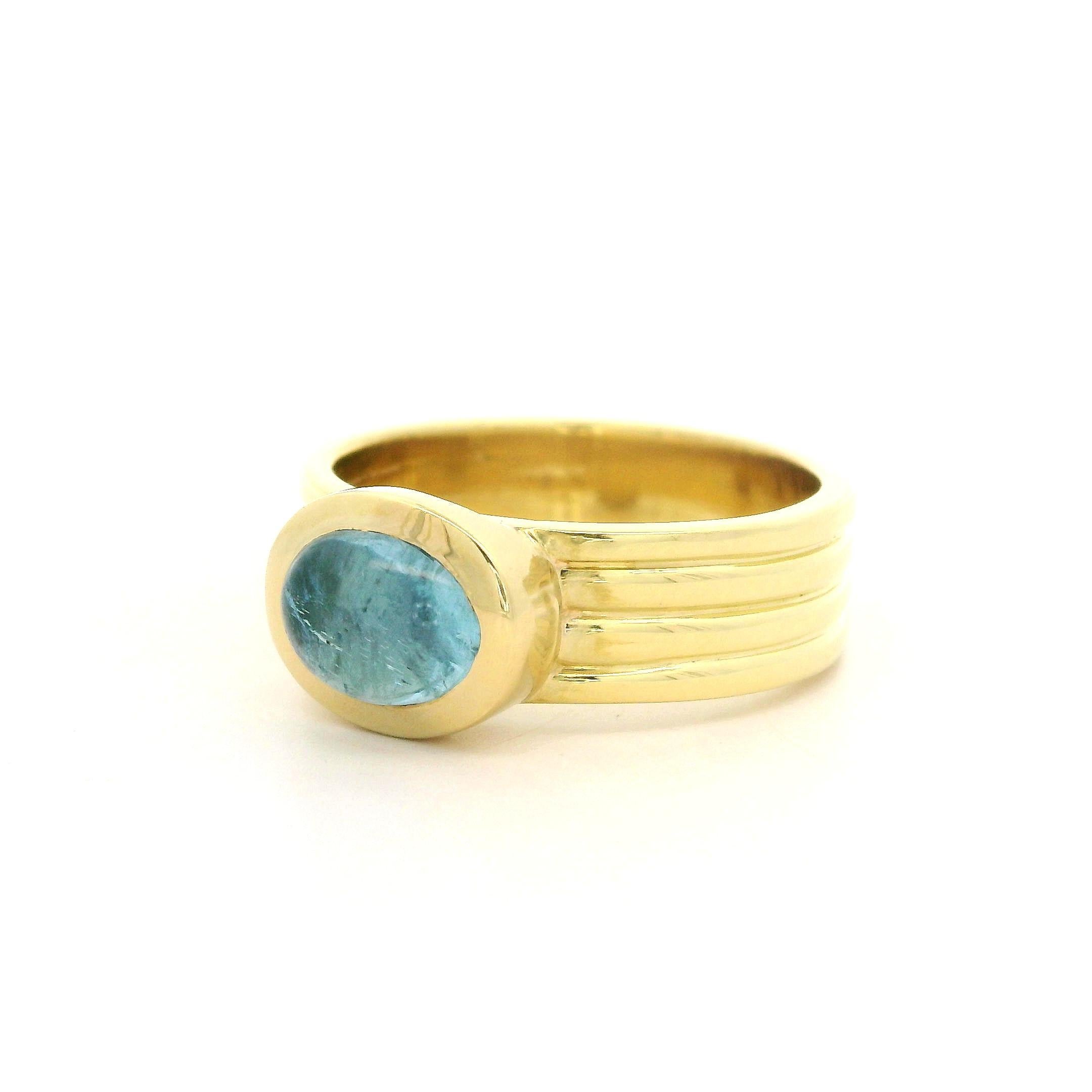 Bague solitaire en or jaune 18 carats avec aigue-marine cabochon ovale, taille 6,5 1