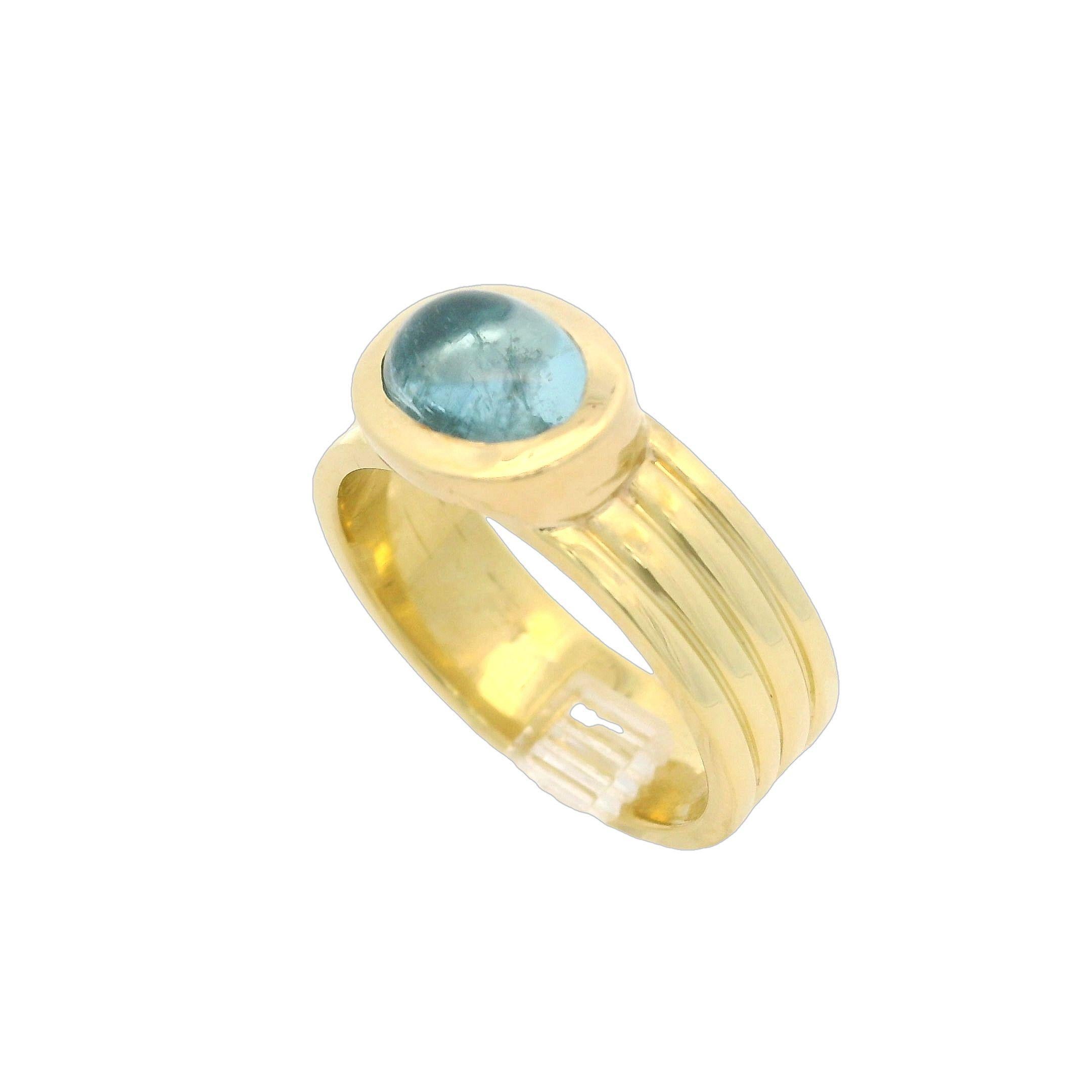Bague solitaire en or jaune 18 carats avec aigue-marine cabochon ovale, taille 6,5 4