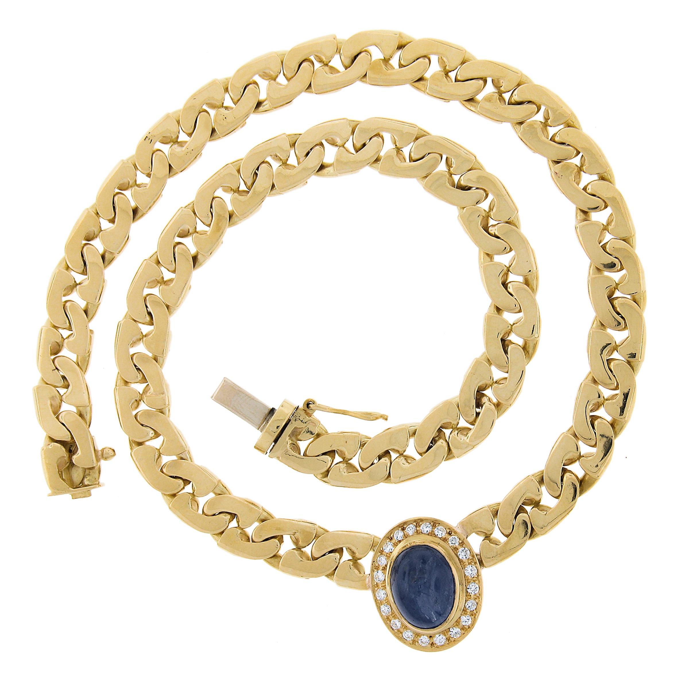 18K Yellow Gold Oval Cabochon Sapphire & Pave Diamond Heavy Fancy Link Necklace In Excellent Condition For Sale In Montclair, NJ