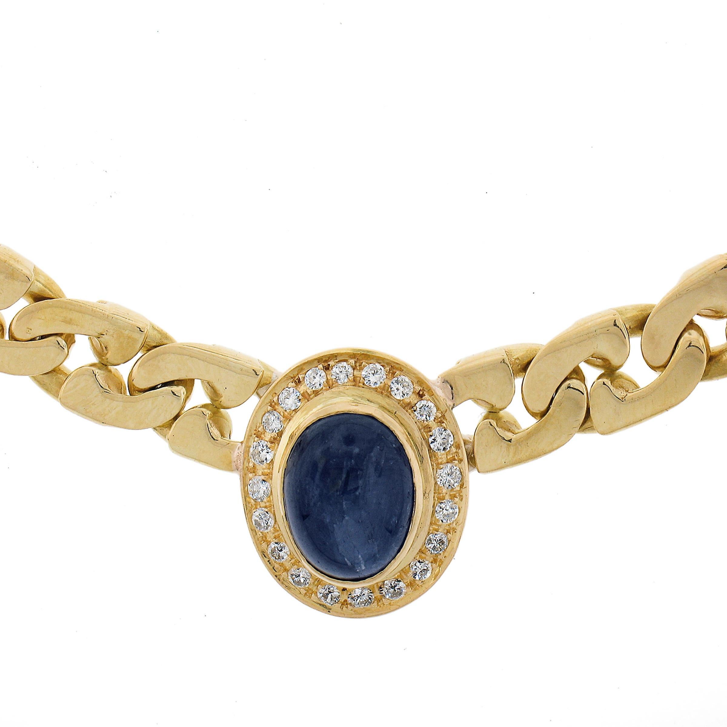 18K Yellow Gold Oval Cabochon Sapphire & Pave Diamond Heavy Fancy Link Necklace For Sale 1