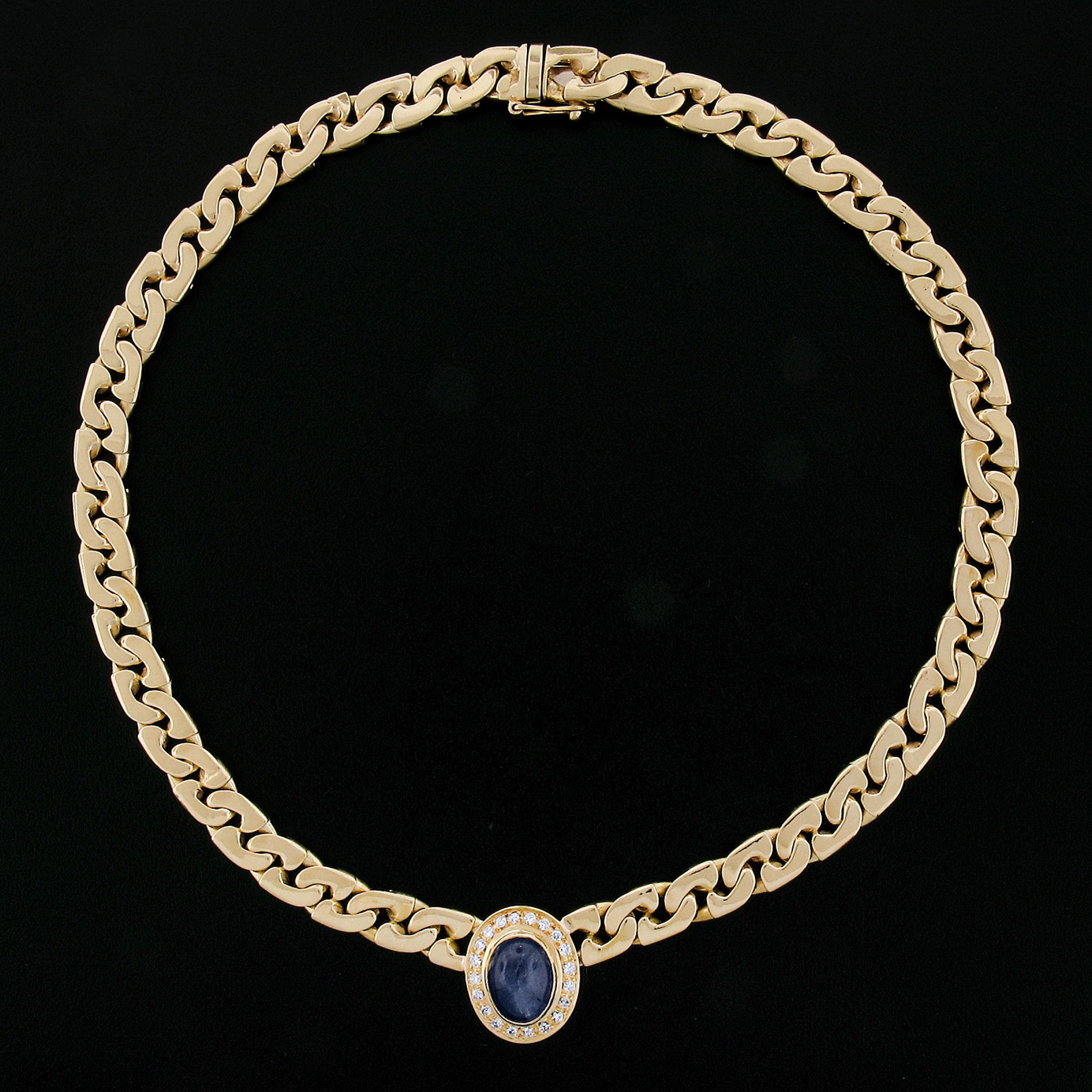18K Yellow Gold Oval Cabochon Sapphire & Pave Diamond Heavy Fancy Link Necklace For Sale 4