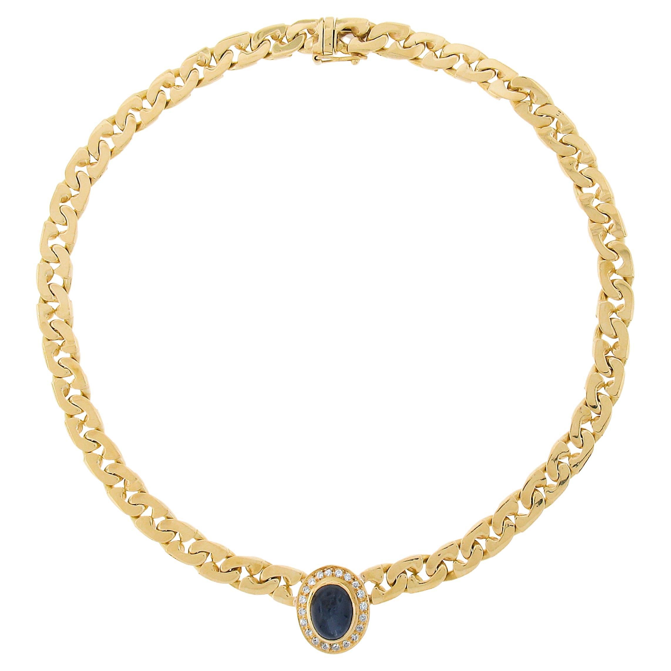 18K Yellow Gold Oval Cabochon Sapphire & Pave Diamond Heavy Fancy Link Necklace For Sale