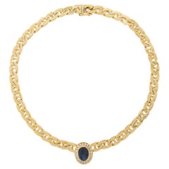 Vintage 18K Yellow Gold Oval Cabochon Sapphire & Pave Diamond Heavy Fancy Link Necklace
