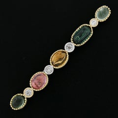 18K Yellow Gold Oval Cabochon Tourmaline, Citrine, Aqua & Diamond Bar Pin Brooch