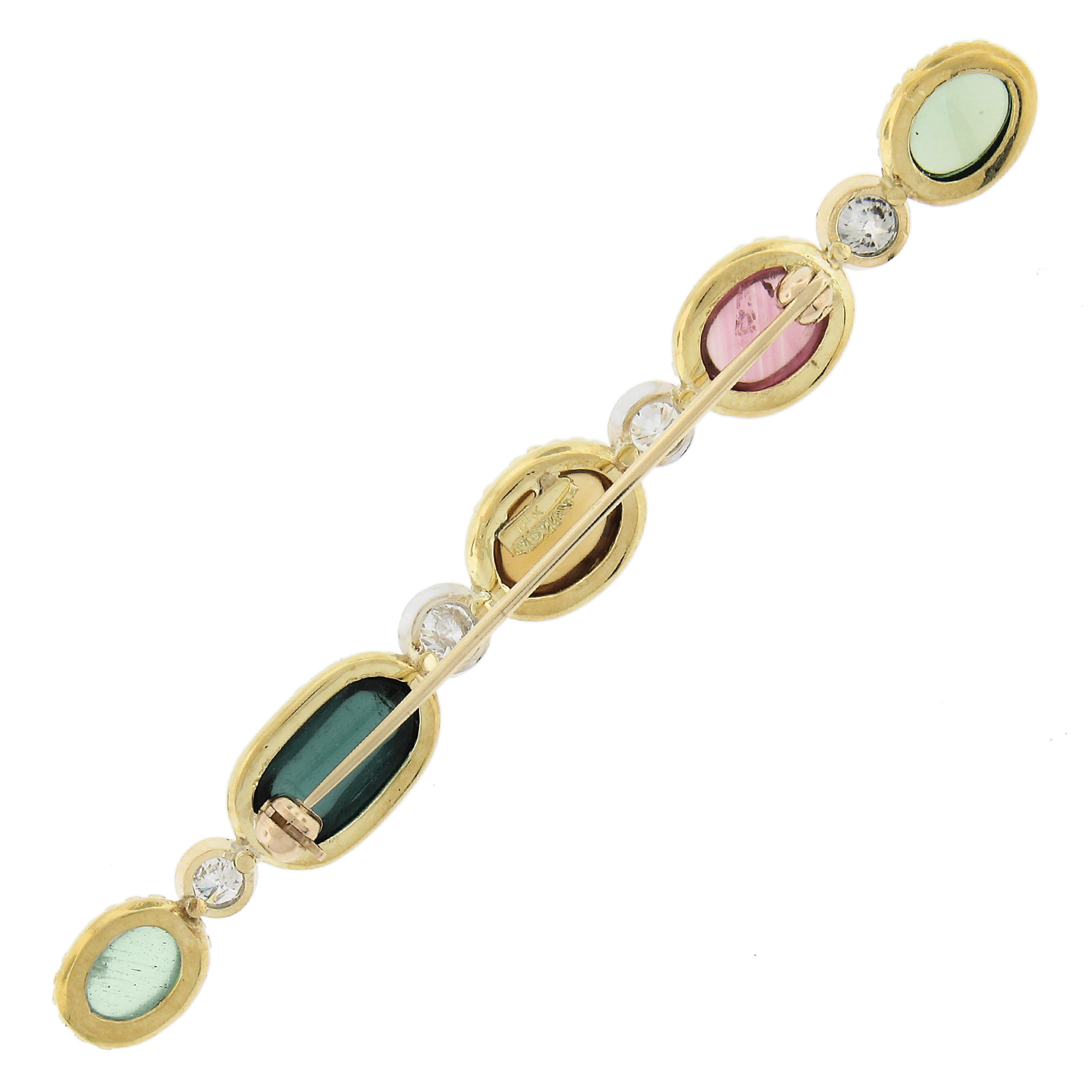 18K Yellow Gold Oval Cabochon Tourmaline, Citrine, Aqua & Diamond Bar Pin Brooch In Good Condition For Sale In Montclair, NJ
