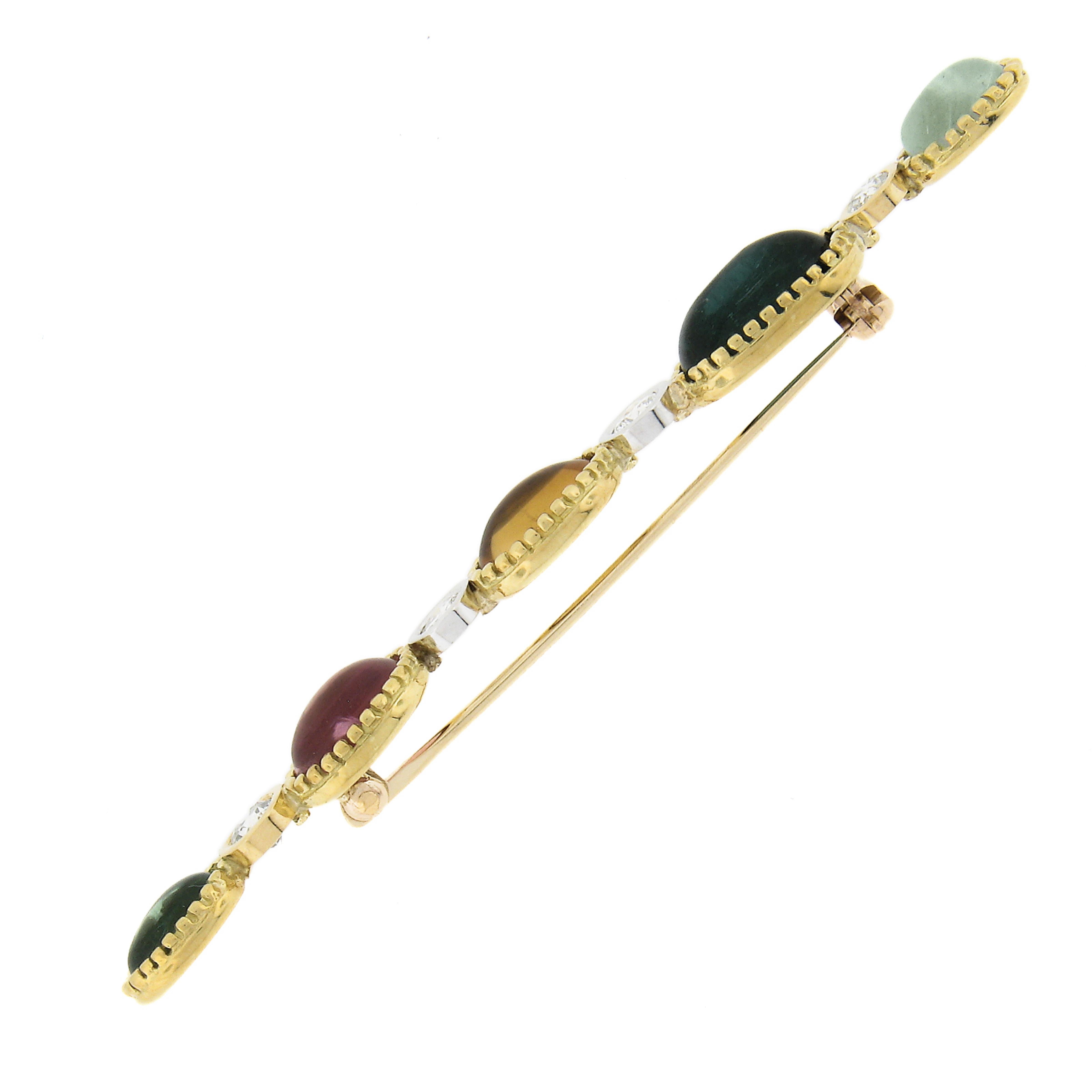 18K Yellow Gold Oval Cabochon Tourmaline, Citrine, Aqua & Diamond Bar Pin Brooch For Sale 1