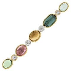 18 Karat Gelbgold Oval Cabochon Turmalin, Citrin, Aqua & Diamant Bar Pin Brosche