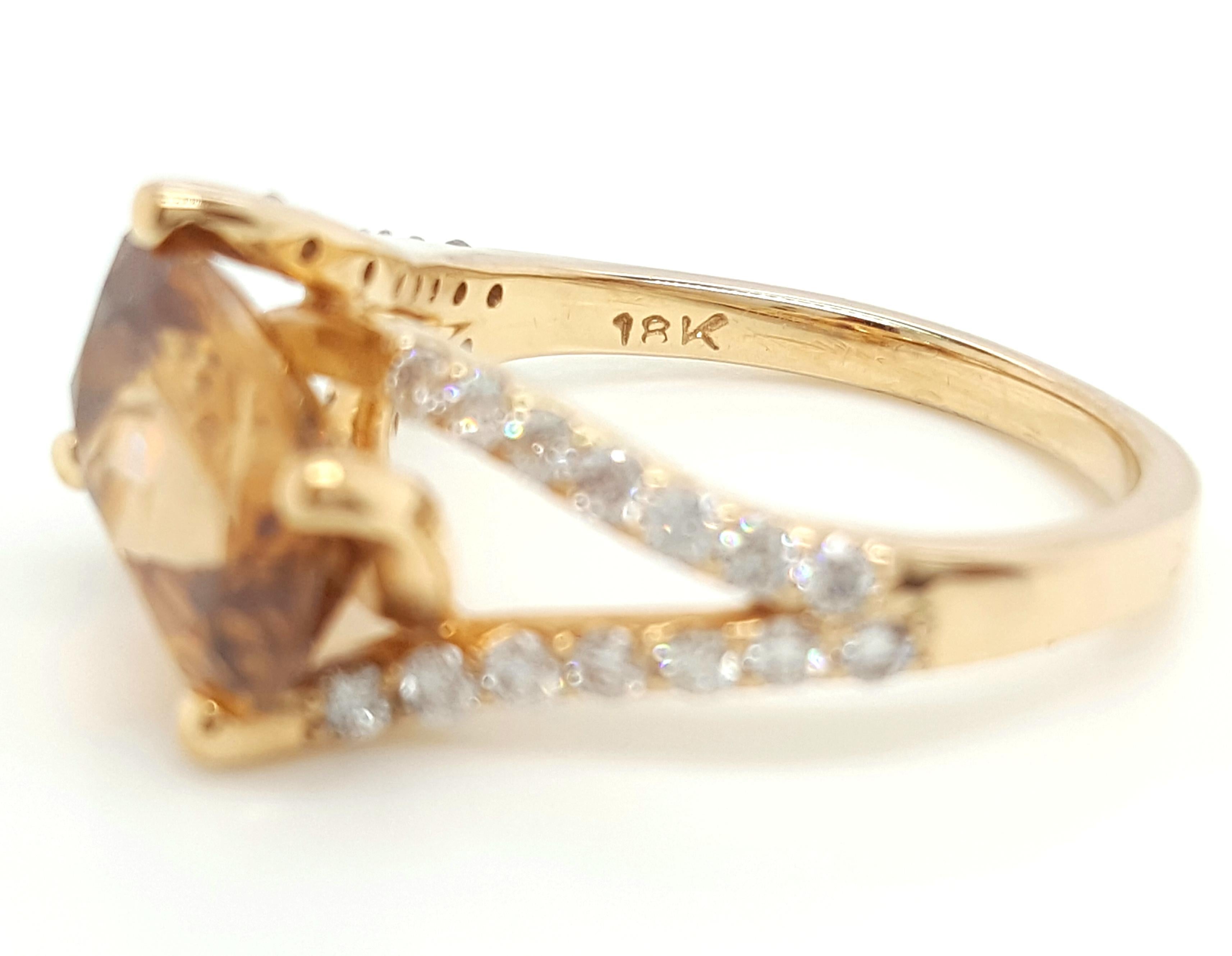 Women's 18 Karat Yellow Gold Oval Zircon and Diamond Split Shank Ring For Sale