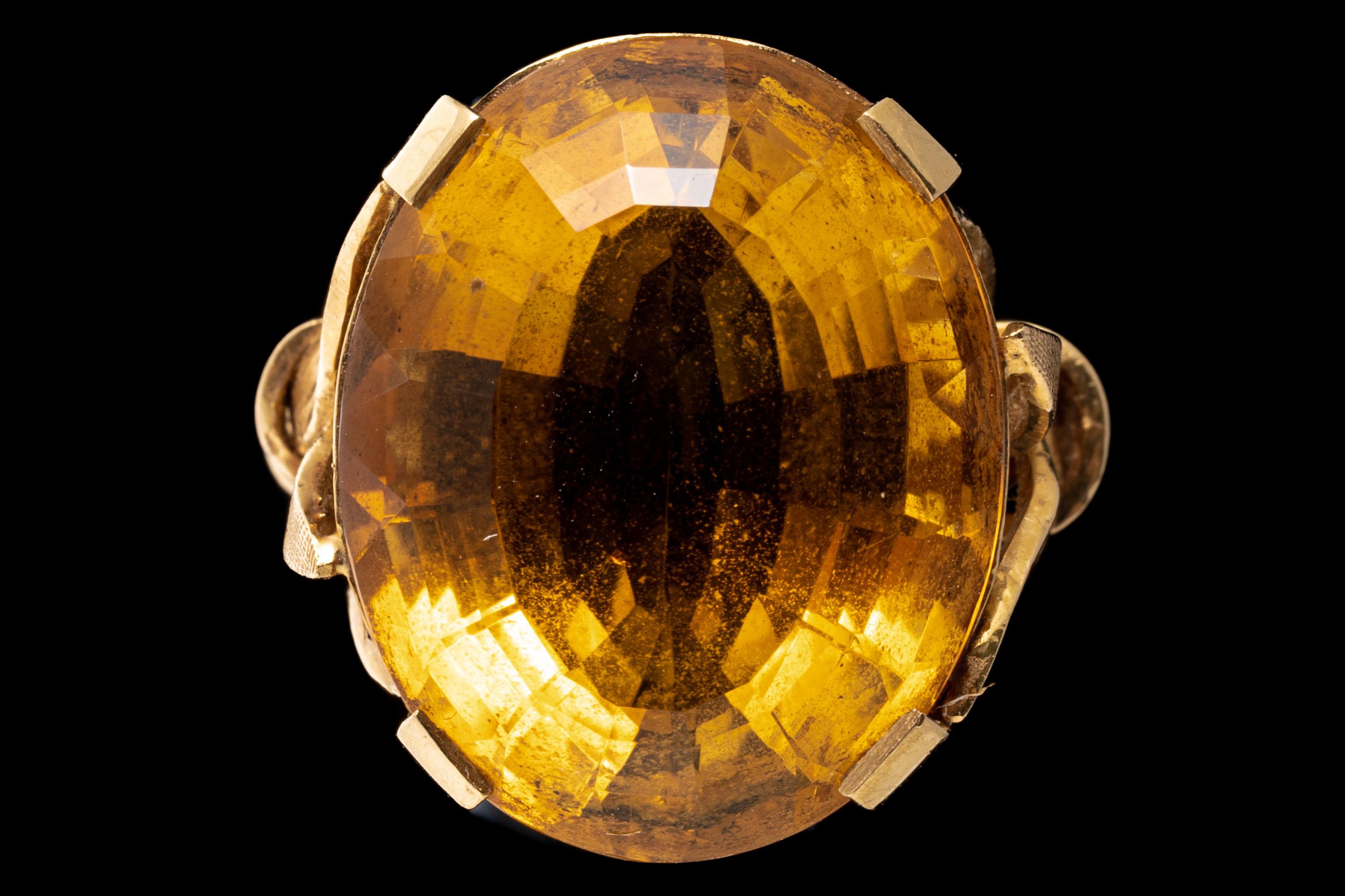 Retro 18k Yellow Gold Oval Citrine 'App. 13.60 Cts' and Foliate Accented Ring For Sale