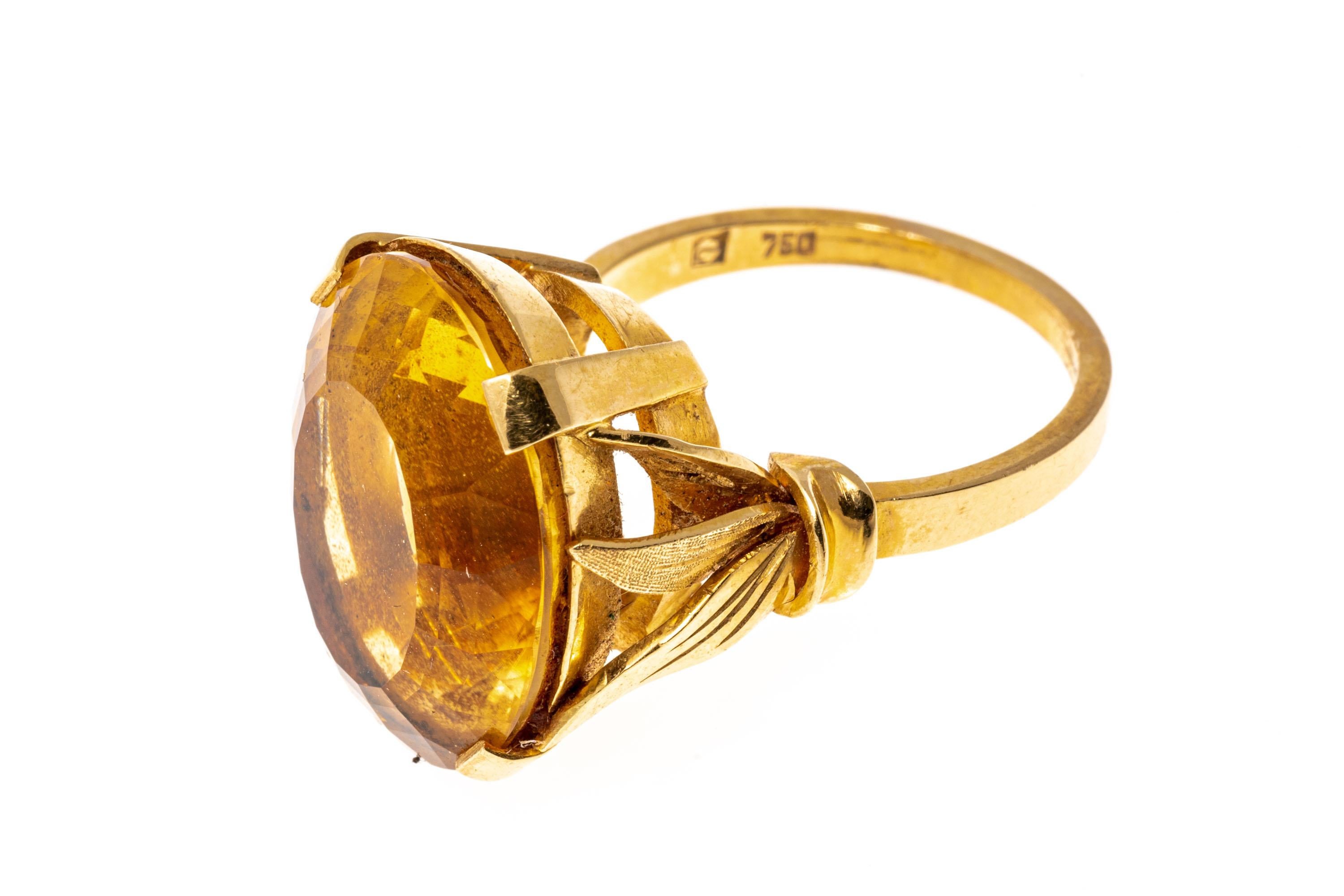 Oval Cut 18k Yellow Gold Oval Citrine 'App. 13.60 Cts' and Foliate Accented Ring For Sale