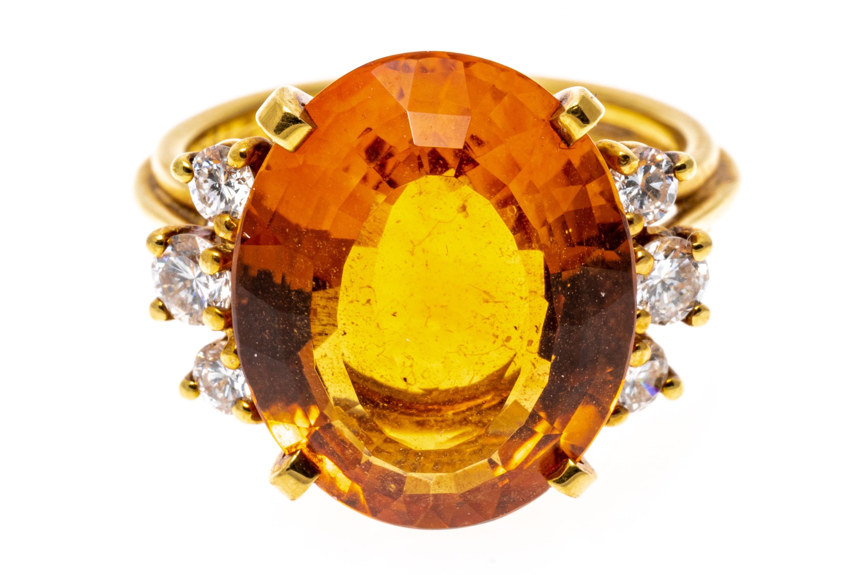 18k Yellow Gold Oval Citrine, 'App. 7.96 Cts', and Graduated Diamond Ring For Sale 1