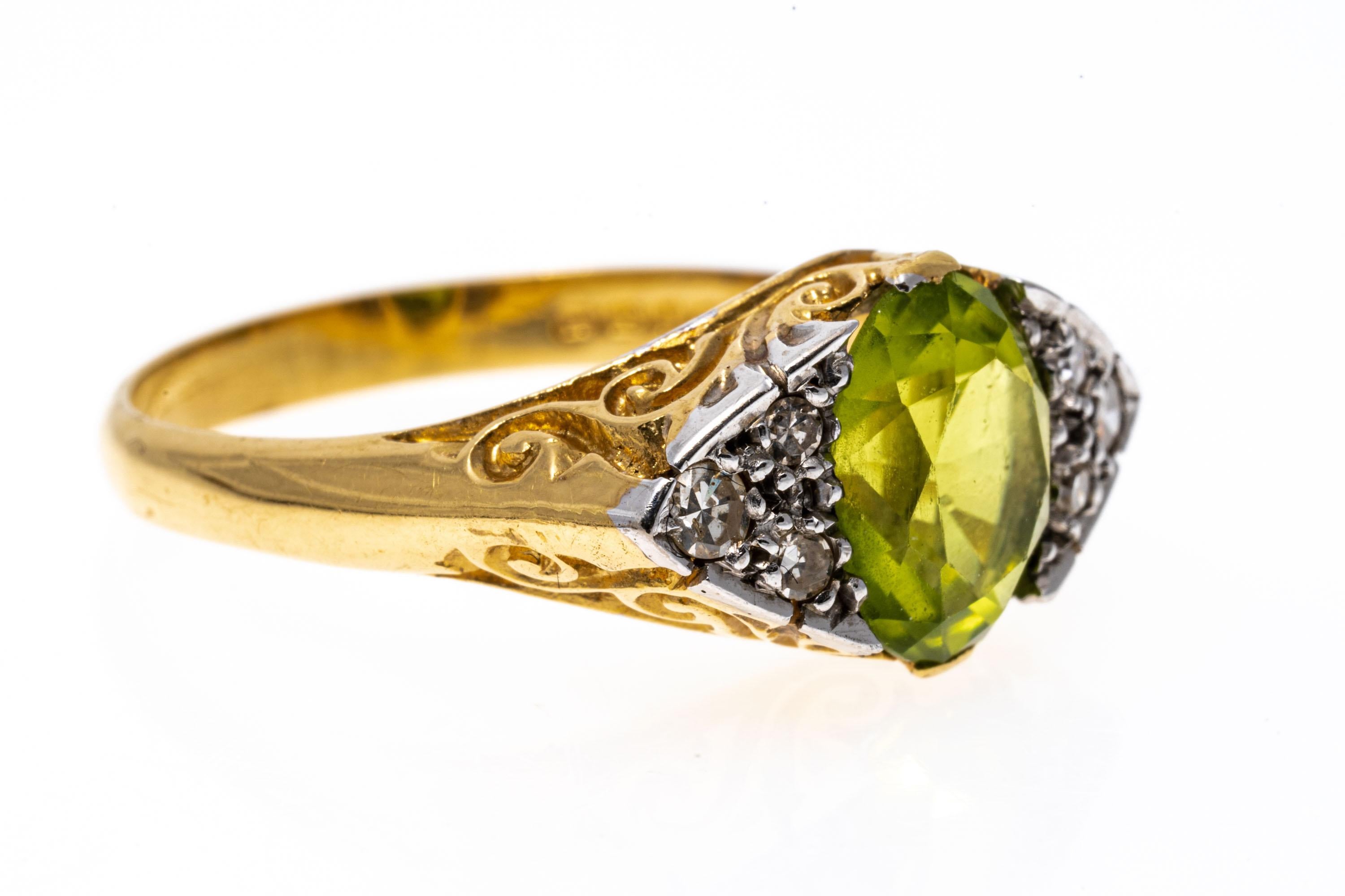 Oval Cut 18k Yellow Gold Oval Classic Peridot And Diamond Ring For Sale