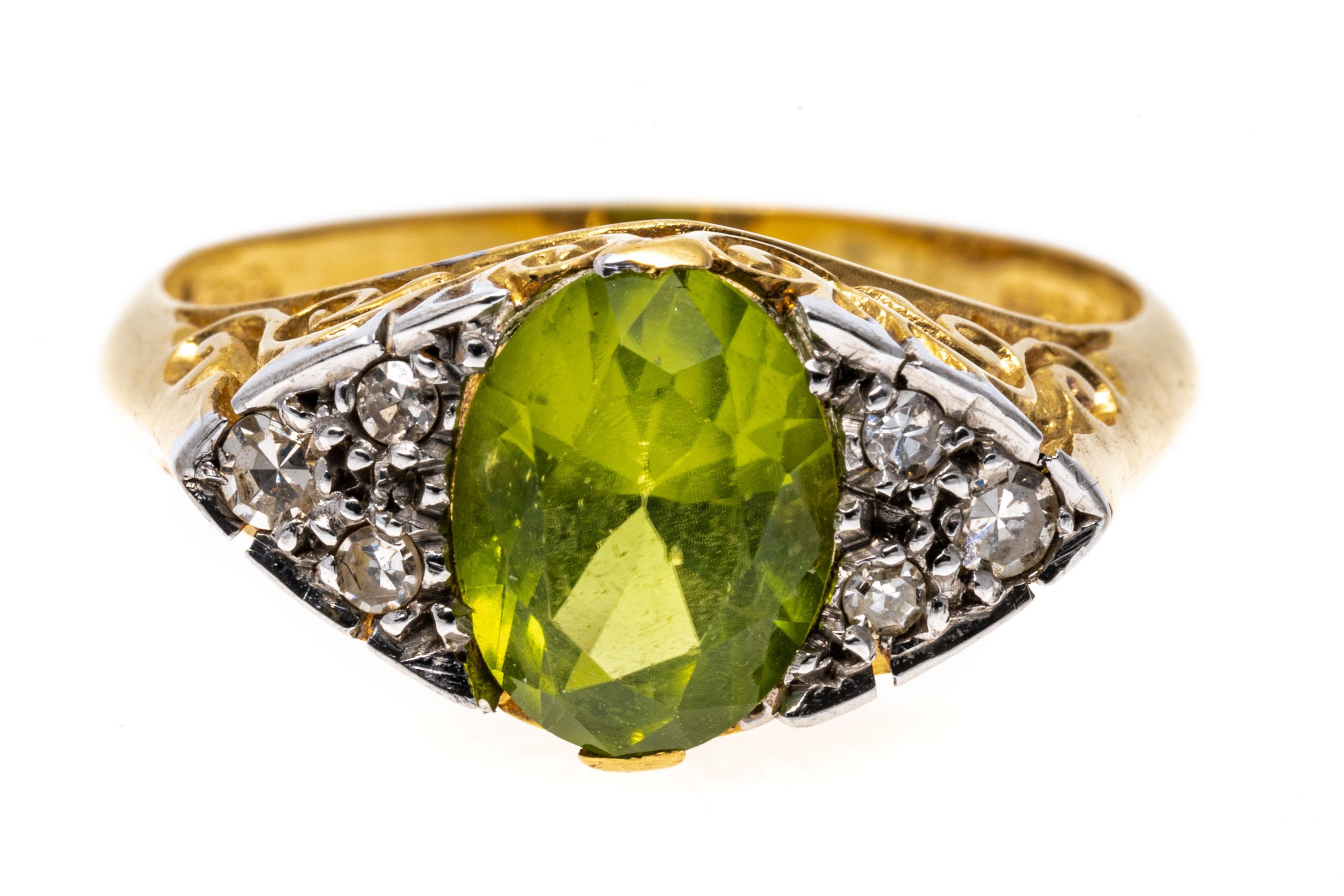Women's 18k Yellow Gold Oval Classic Peridot And Diamond Ring For Sale