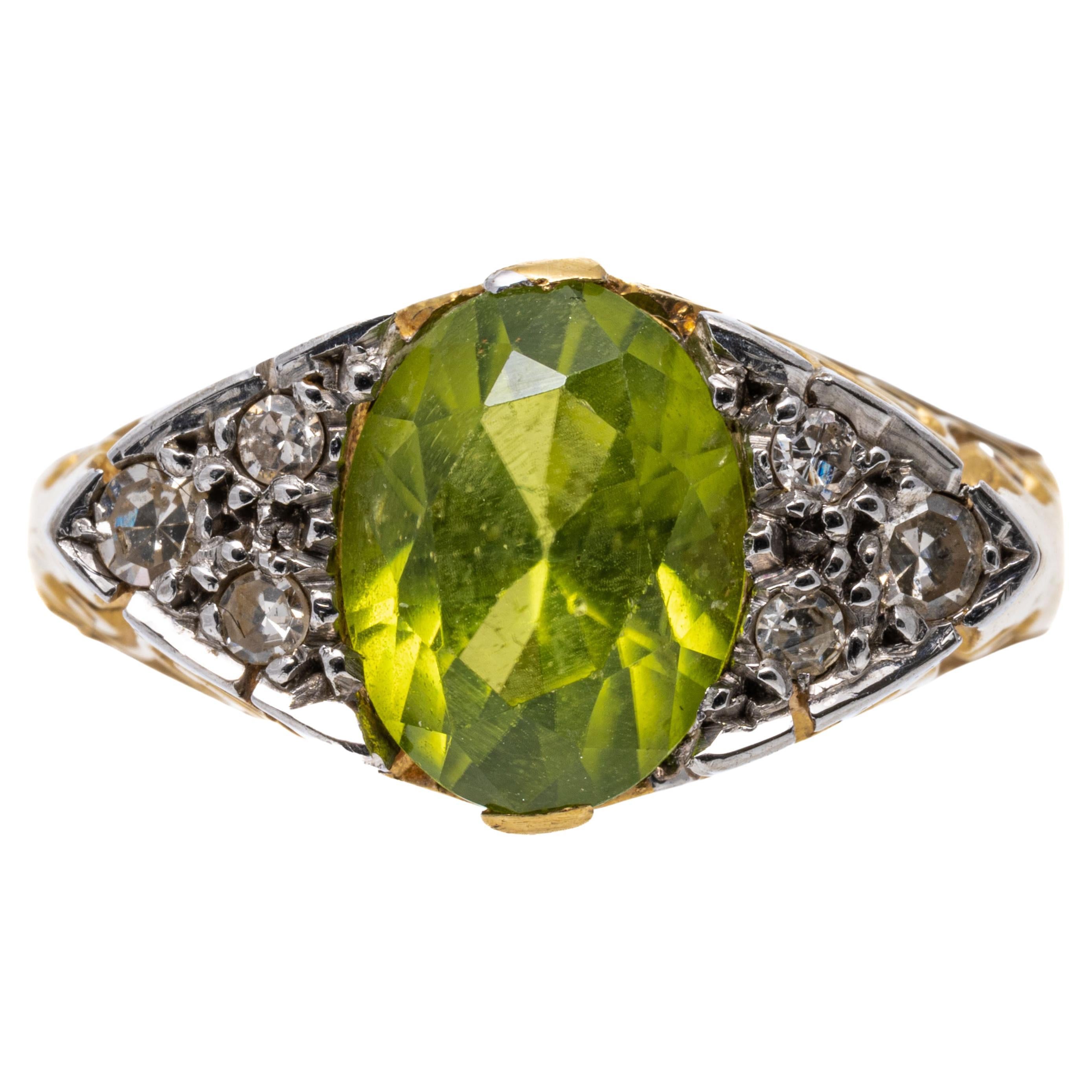 18k Yellow Gold Oval Classic Peridot And Diamond Ring For Sale