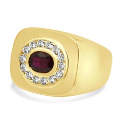 18K Yellow Gold Oval Cut Ruby and Round Diamond Halo Signet Ring