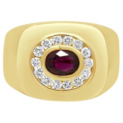18K Yellow Gold Oval Cut Ruby and Round Diamond Halo Signet Ring