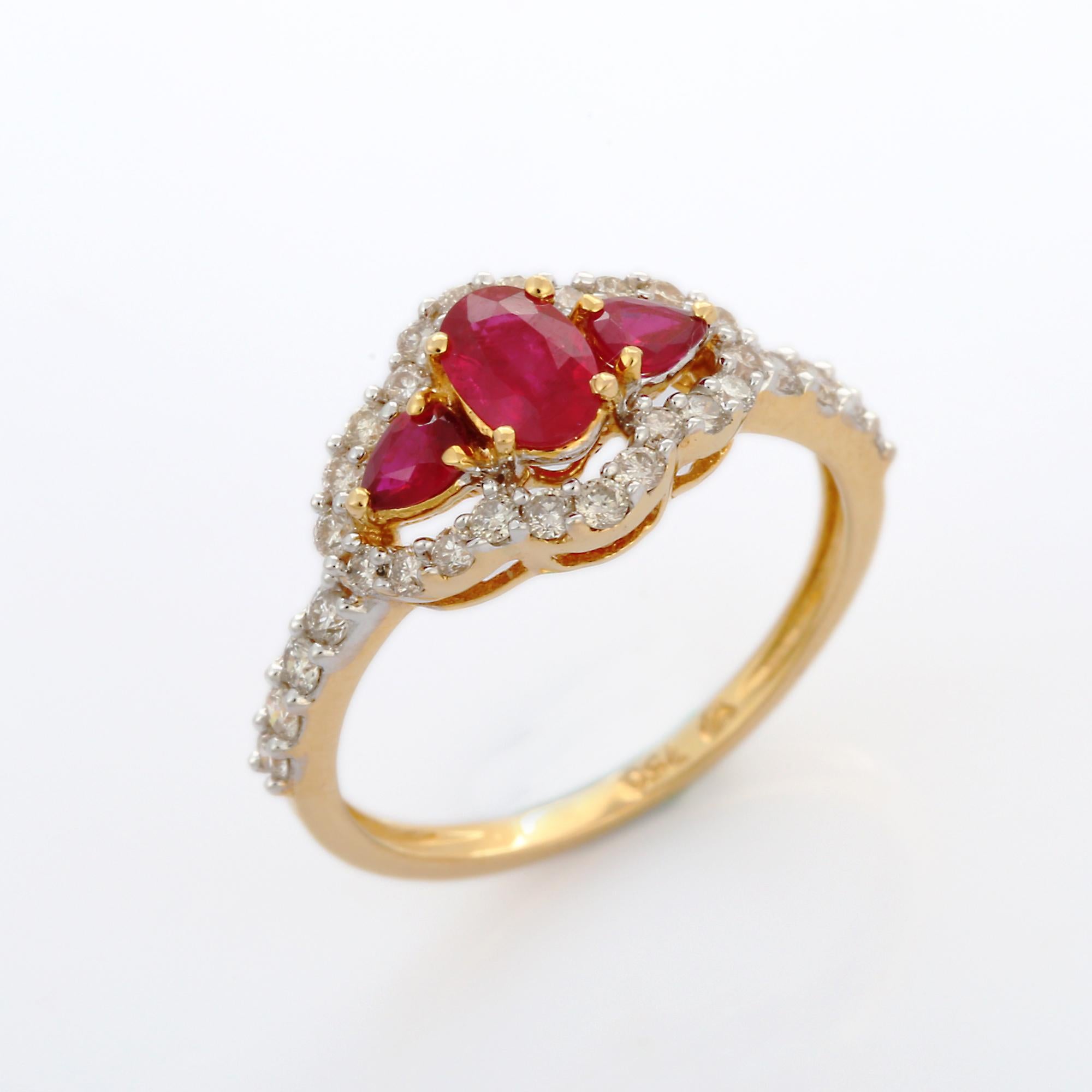 For Sale:  18K Yellow Gold Oval Cut Ruby Cluster Diamond Engagement Ring 7