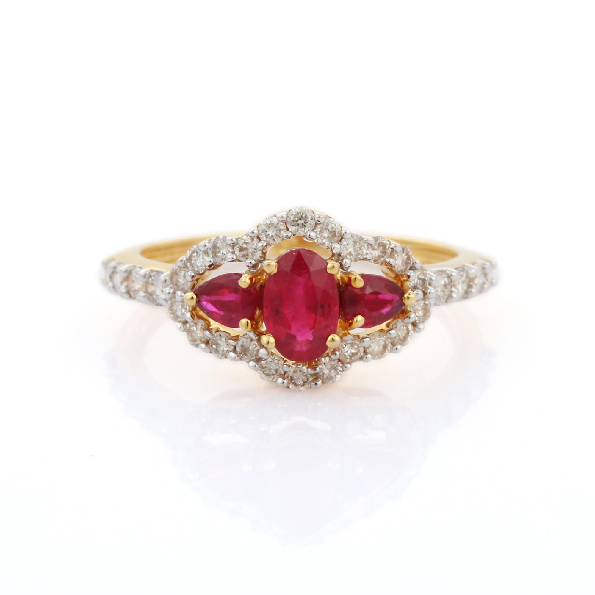 For Sale:  18K Yellow Gold Oval Cut Ruby Cluster Diamond Engagement Ring 9