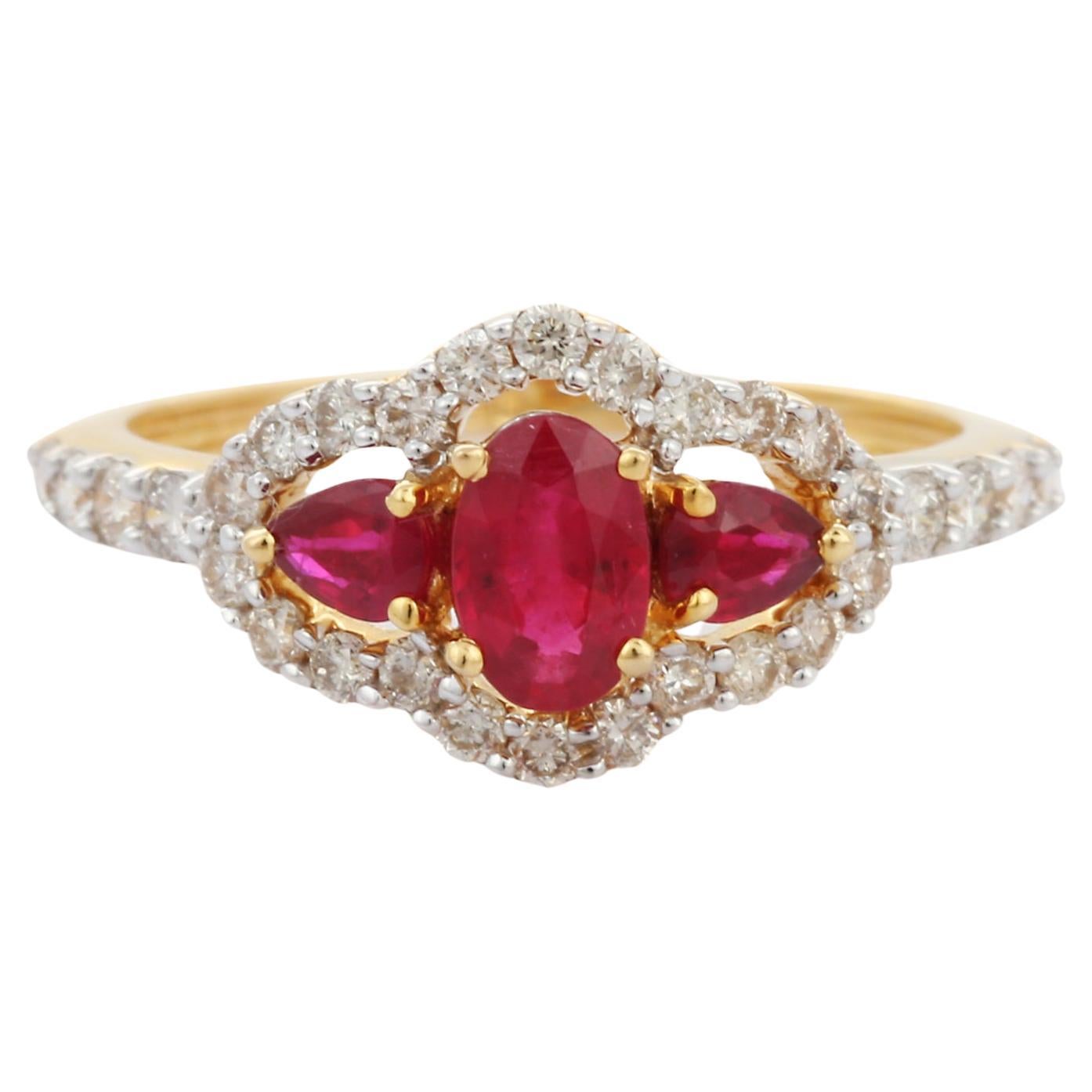 18K Yellow Gold Oval Cut Ruby Cluster Diamond Engagement Ring
