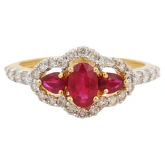 18K Yellow Gold Oval Cut Ruby Cluster Diamond Engagement Ring