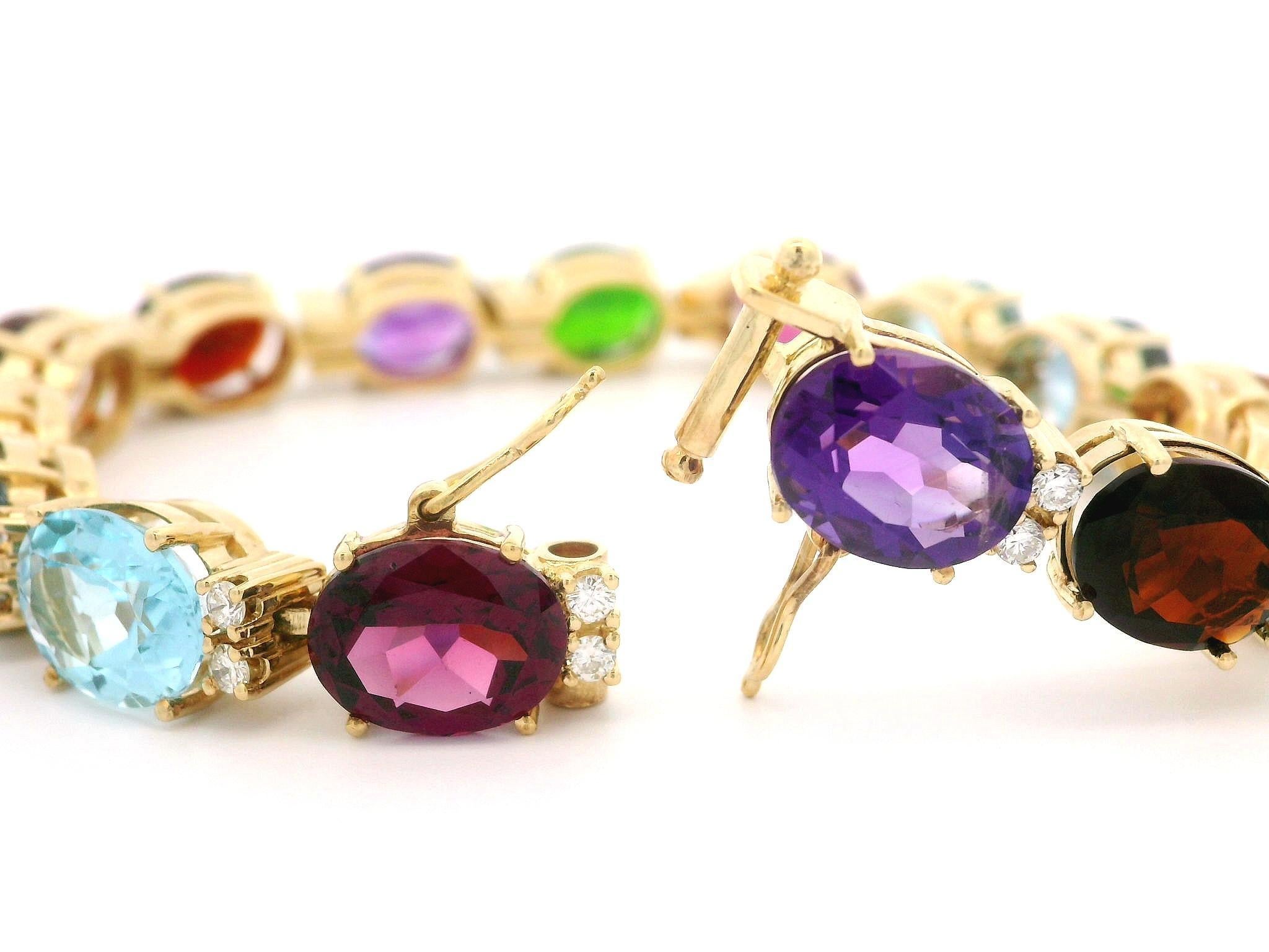 Brilliant Cut 18k Yellow Gold Oval Diamond and Vivid Genuine Colored Stone Link Bracelet For Sale