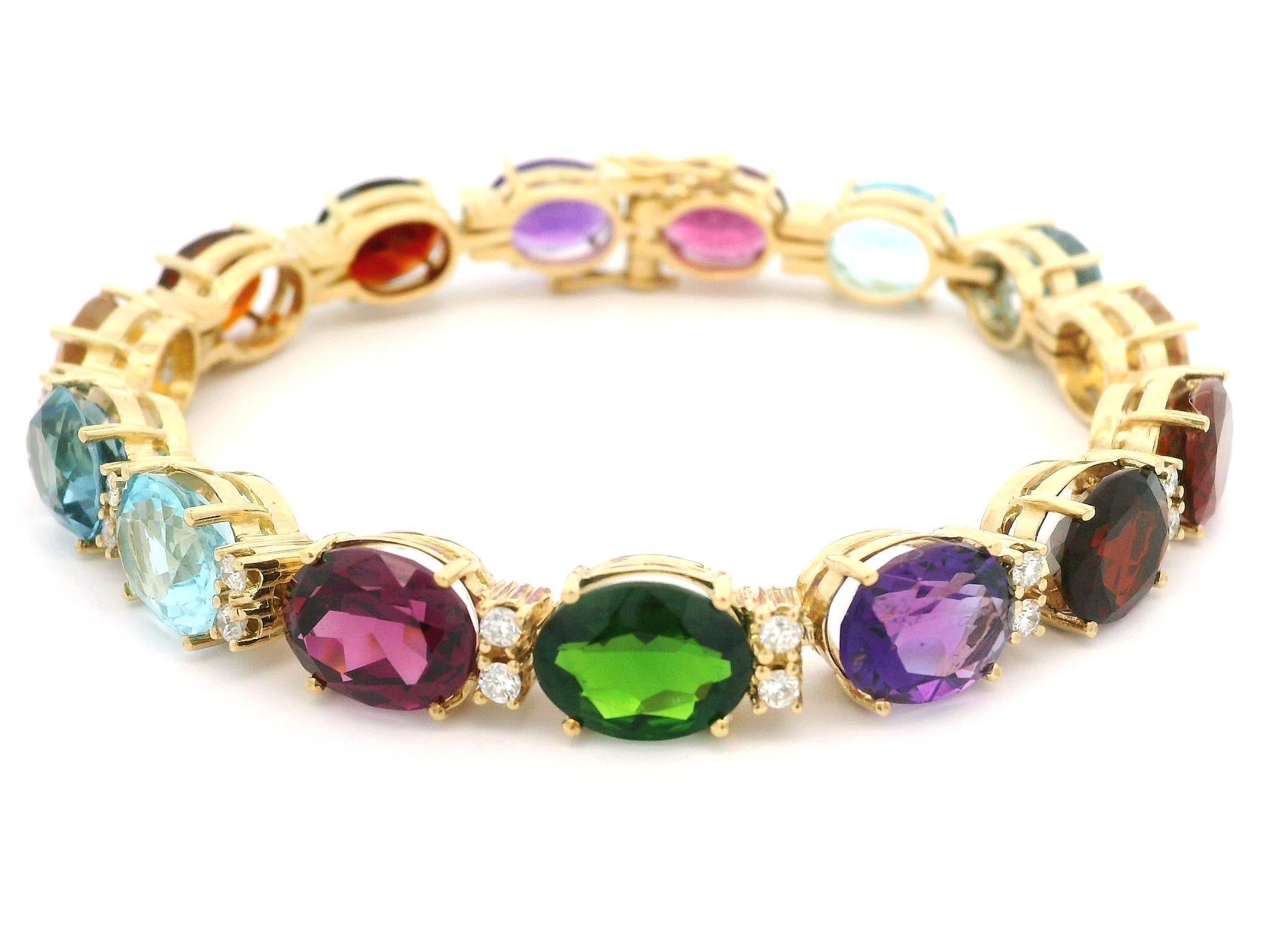 18k Yellow Gold Oval Diamond and Vivid Genuine Colored Stone Link Bracelet In Excellent Condition For Sale In Montclair, NJ