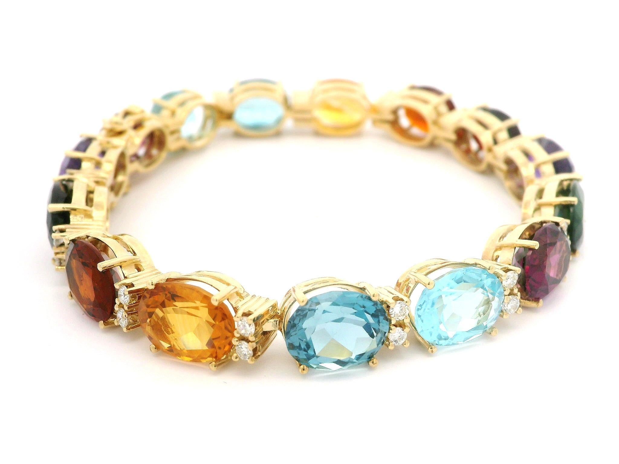 Women's 18k Yellow Gold Oval Diamond and Vivid Genuine Colored Stone Link Bracelet For Sale