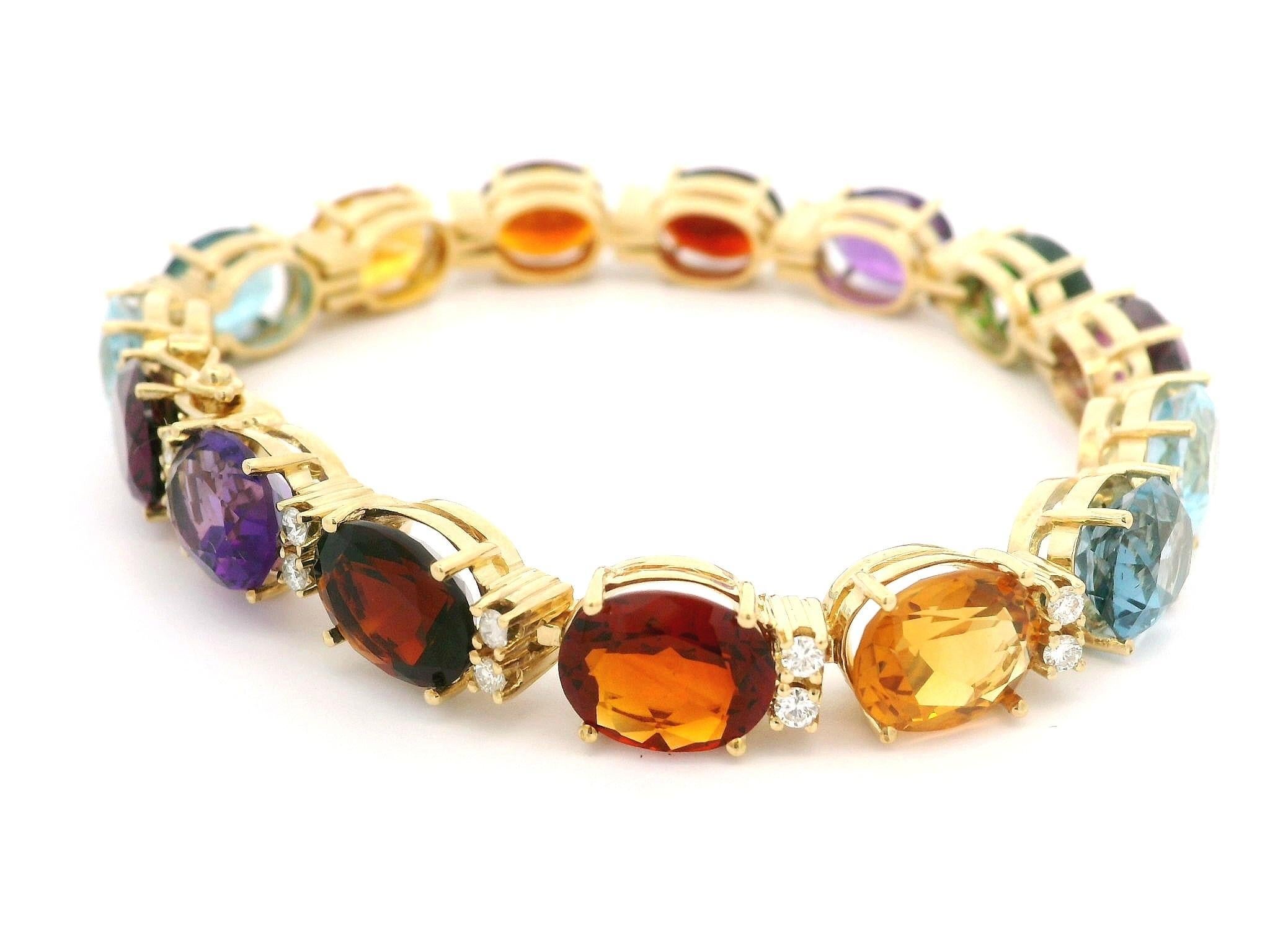 18k Yellow Gold Oval Diamond and Vivid Genuine Colored Stone Link Bracelet For Sale 1