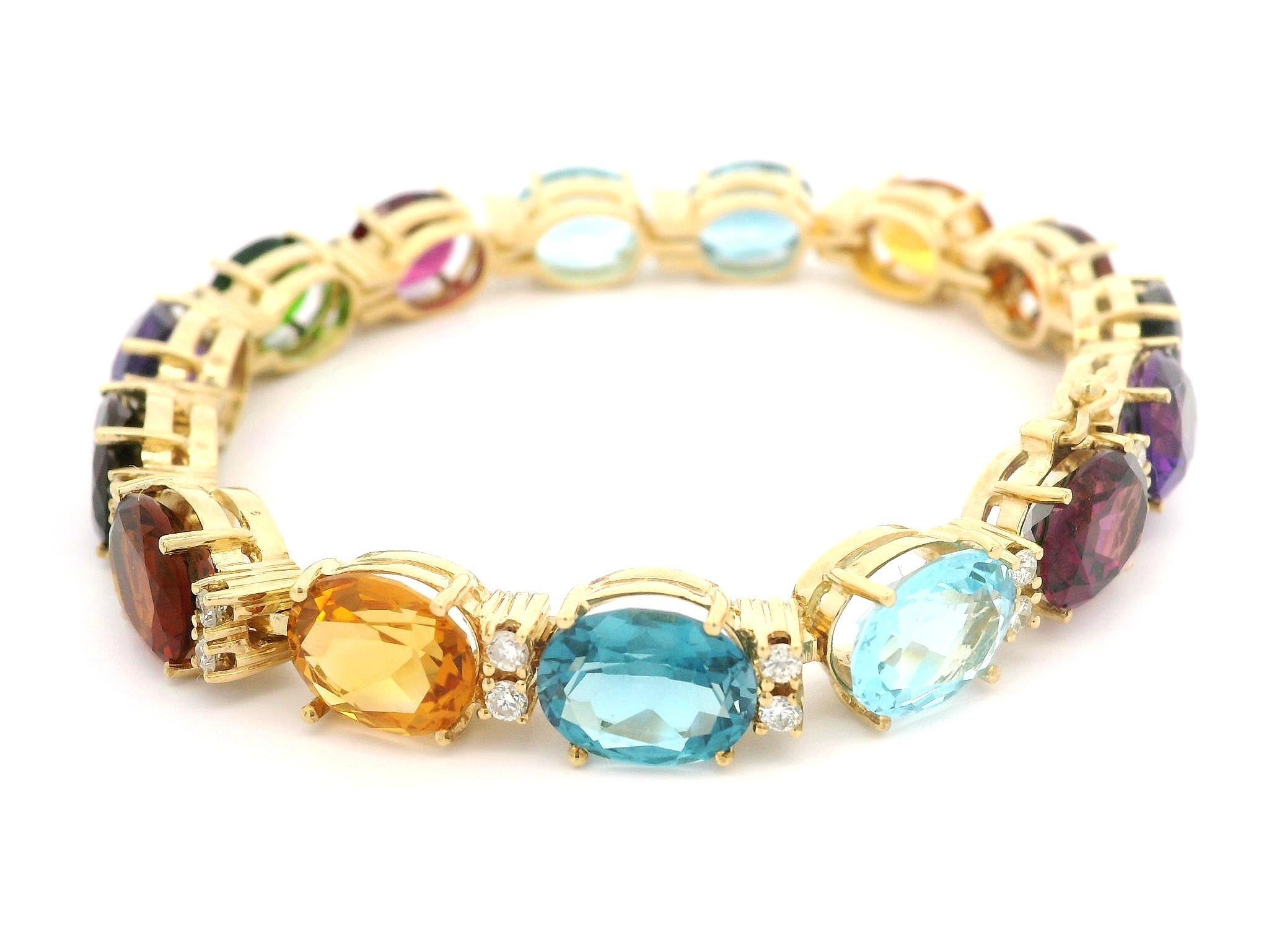 18k Yellow Gold Oval Diamond and Vivid Genuine Colored Stone Link Bracelet For Sale 2