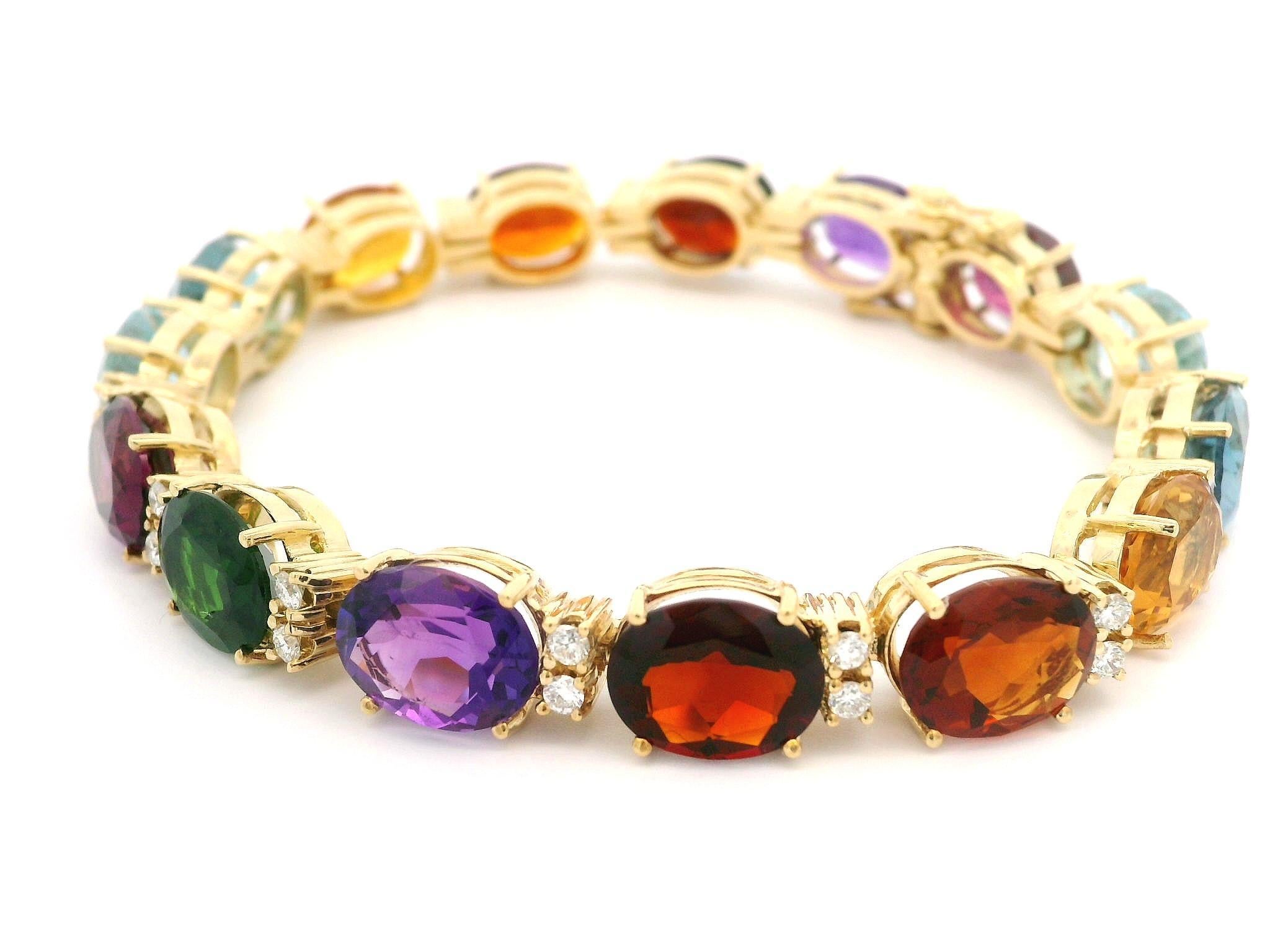 18k Yellow Gold Oval Diamond and Vivid Genuine Colored Stone Link Bracelet For Sale 3