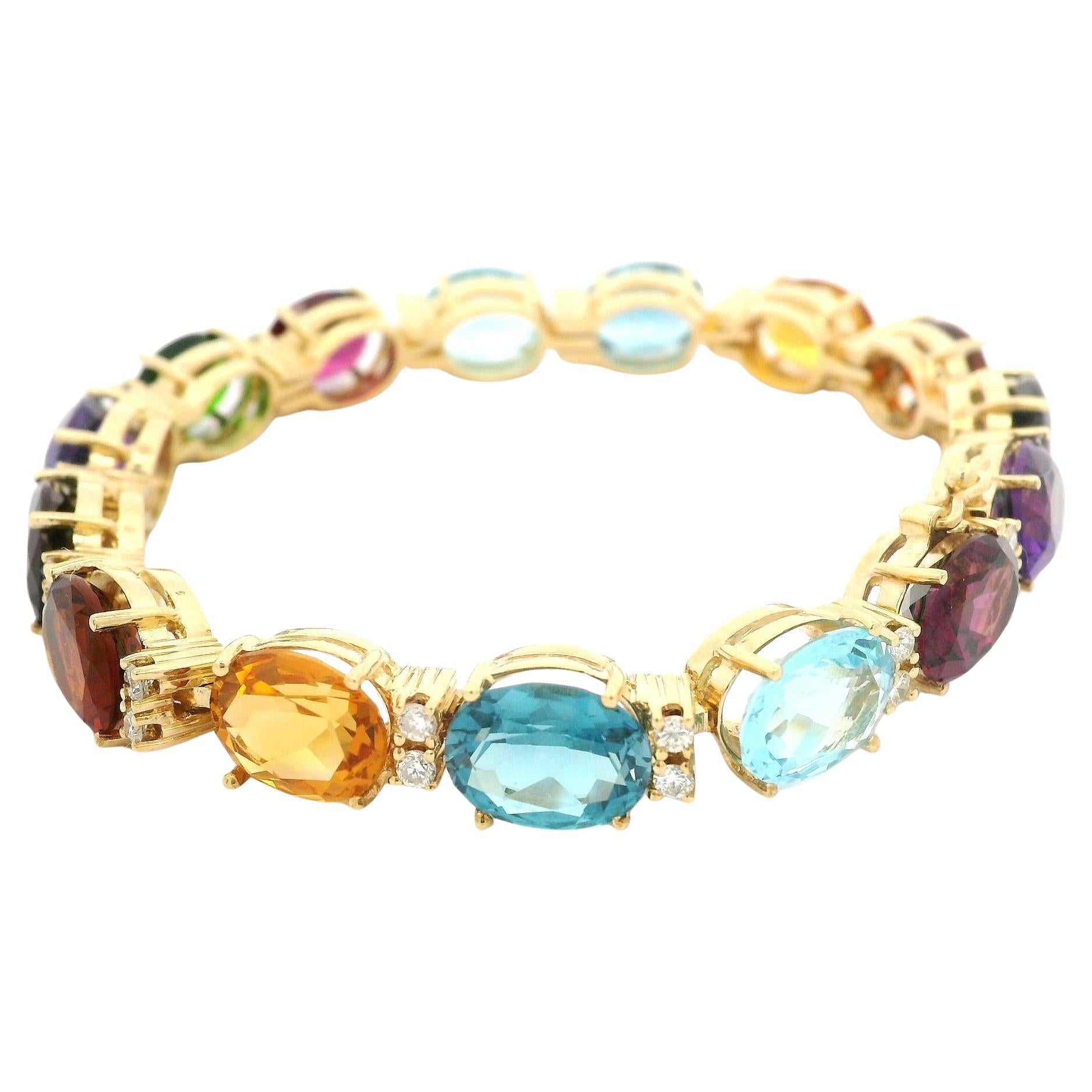 18k Yellow Gold Oval Diamond and Vivid Genuine Colored Stone Link Bracelet For Sale
