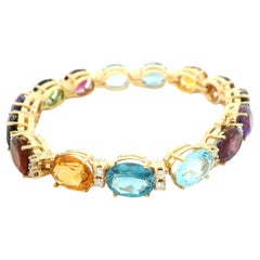 18k Yellow Gold Oval Diamond and Vivid Genuine Colored Stone Link Bracelet