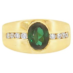 18K Yellow Gold Oval Green Tourmaline & Dia. Gypsy Ring SZ7