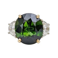 18K Yellow Gold Oval Green Tourmaline & Half-Moon Diamond Ring (7.74 CTW)