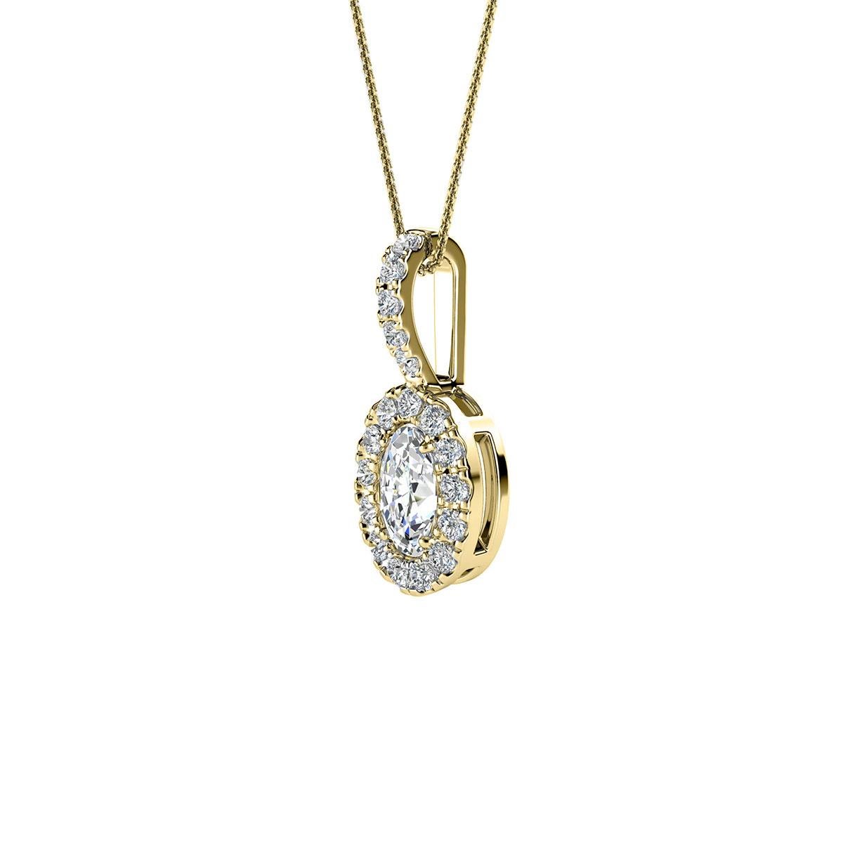 This delicate pendant features one oval-shaped diamond that is approximately 0.23-carat total weight ( 5mm x 3mm) encircled by a halo of perfectly matched 13 brilliant round diamonds in about 0.12-carat total weight. The pendant is measuring at 14