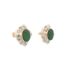 18k Yellow Gold Oval Jade w/ Fancy Champagne Diamond Halo Stud Earrings