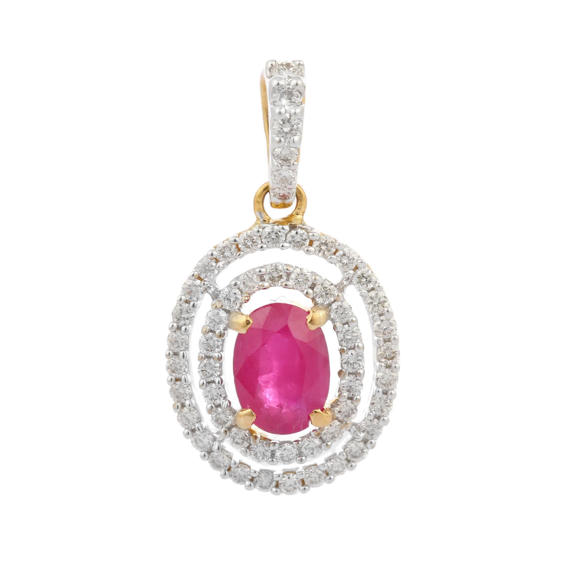 Modern 18K Yellow Gold Oval Cut Natural Ruby Pendant Double Layer Diamonds  For Sale