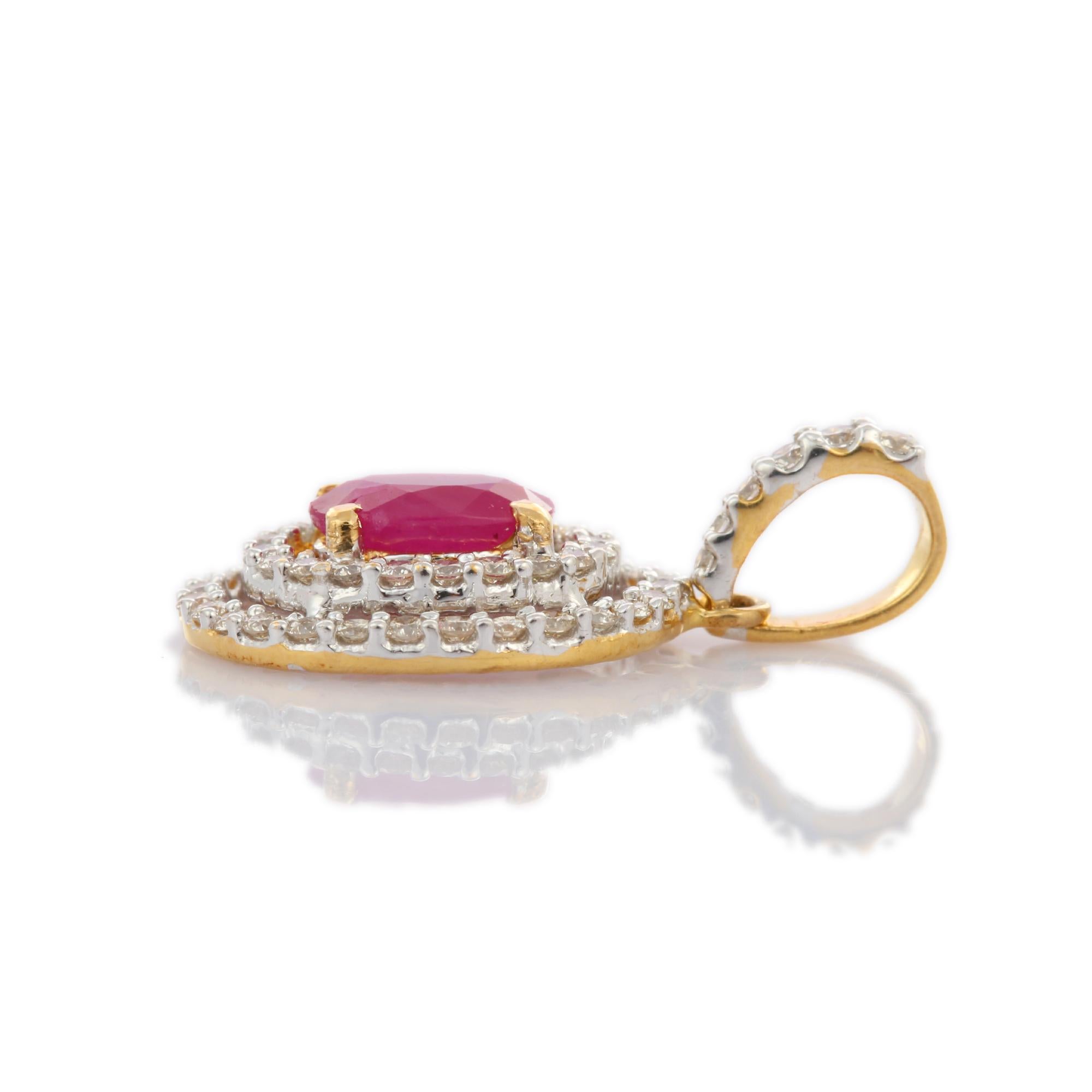 Women's 18K Yellow Gold Oval Cut Natural Ruby Pendant Double Layer Diamonds  For Sale