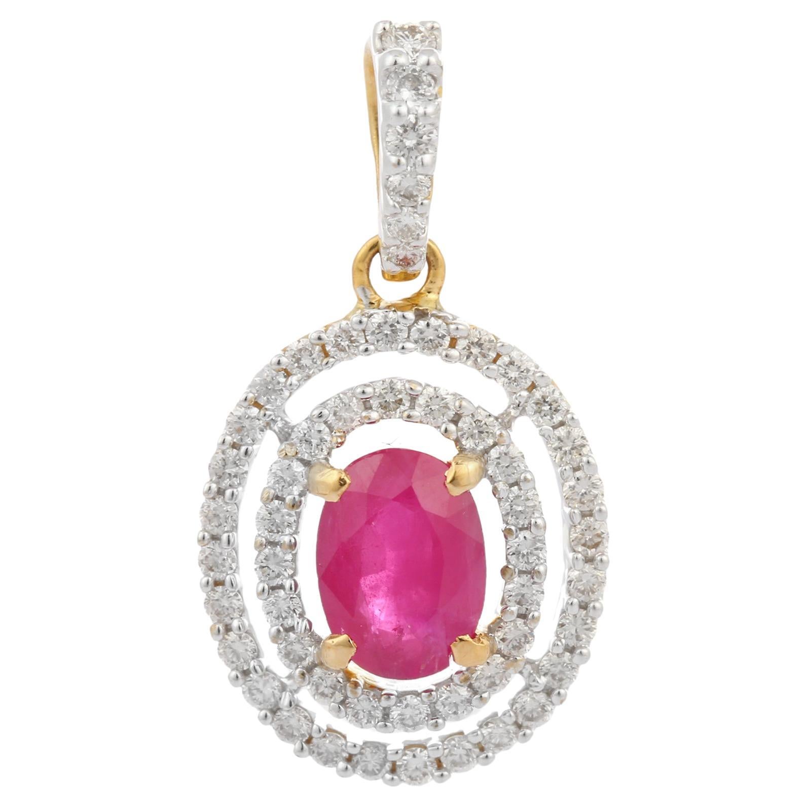18K Yellow Gold Oval Cut Natural Ruby Pendant Double Layer Diamonds 
