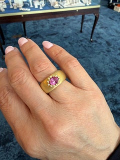 18K Yellow Gold, Oval Pink Sapphire and Diamond Cigar Band Ring by Suzy Landa