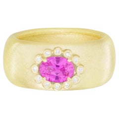 18K Yellow Gold, Oval Pink Sapphire and Diamond Cigar Band Ring by Suzy Landa