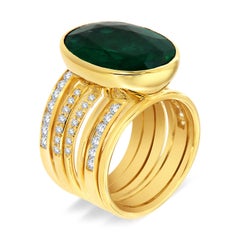 GIA Certified 11.85 Carat Oval Green Emerald 18k Yellow Gold Diamond Ring